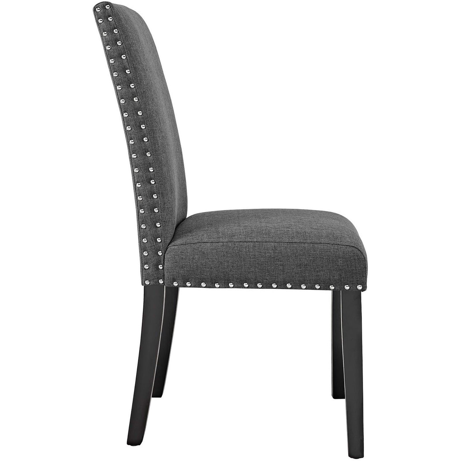 Slim-profile gray dining chair showcasing side view with nailhead trim and tapered espresso legs || EEI-1384-GRY || side_studio