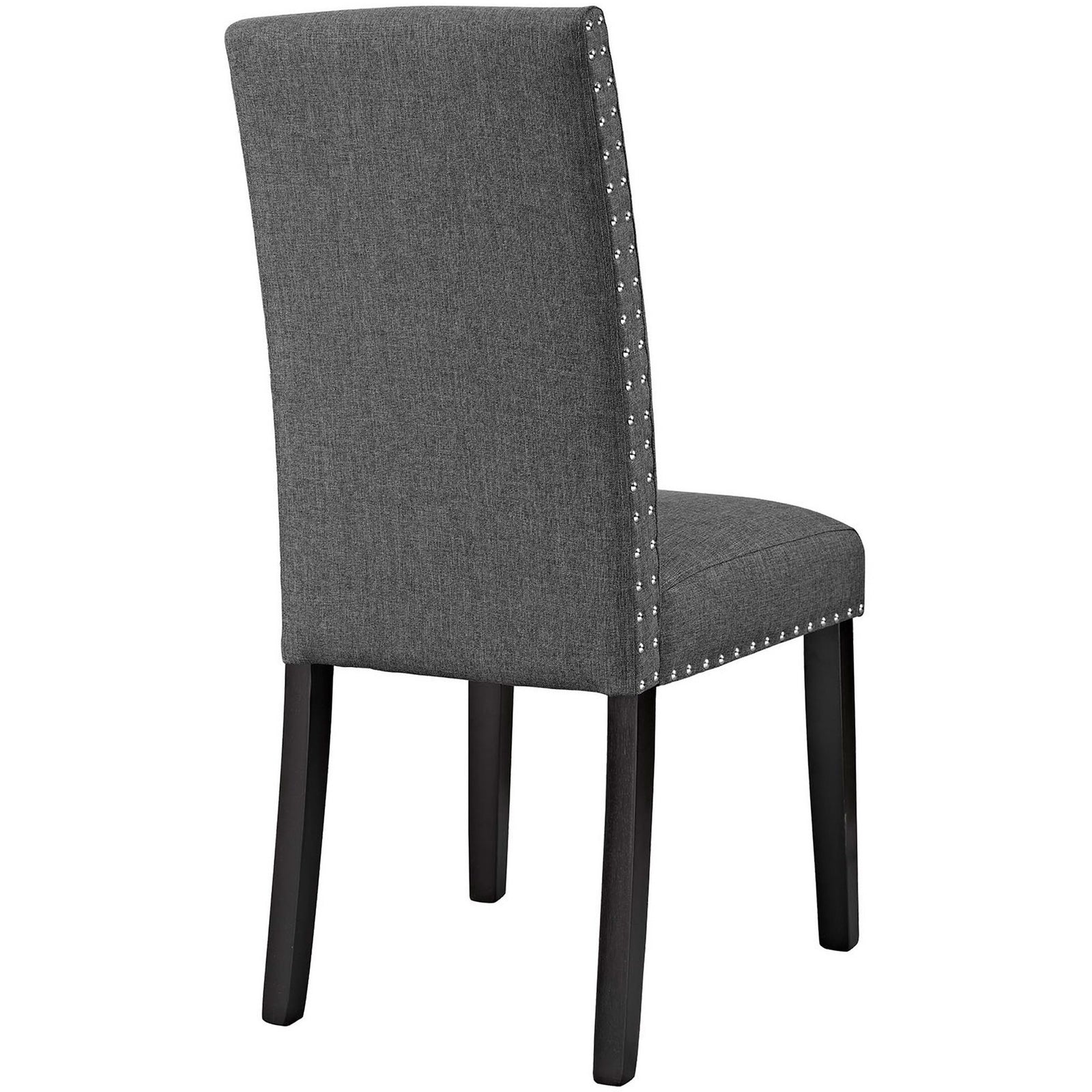 Gray fabric dining chair with tall upholstered back and nailhead trim along back edges || EEI-1384-GRY || back_angle_studio