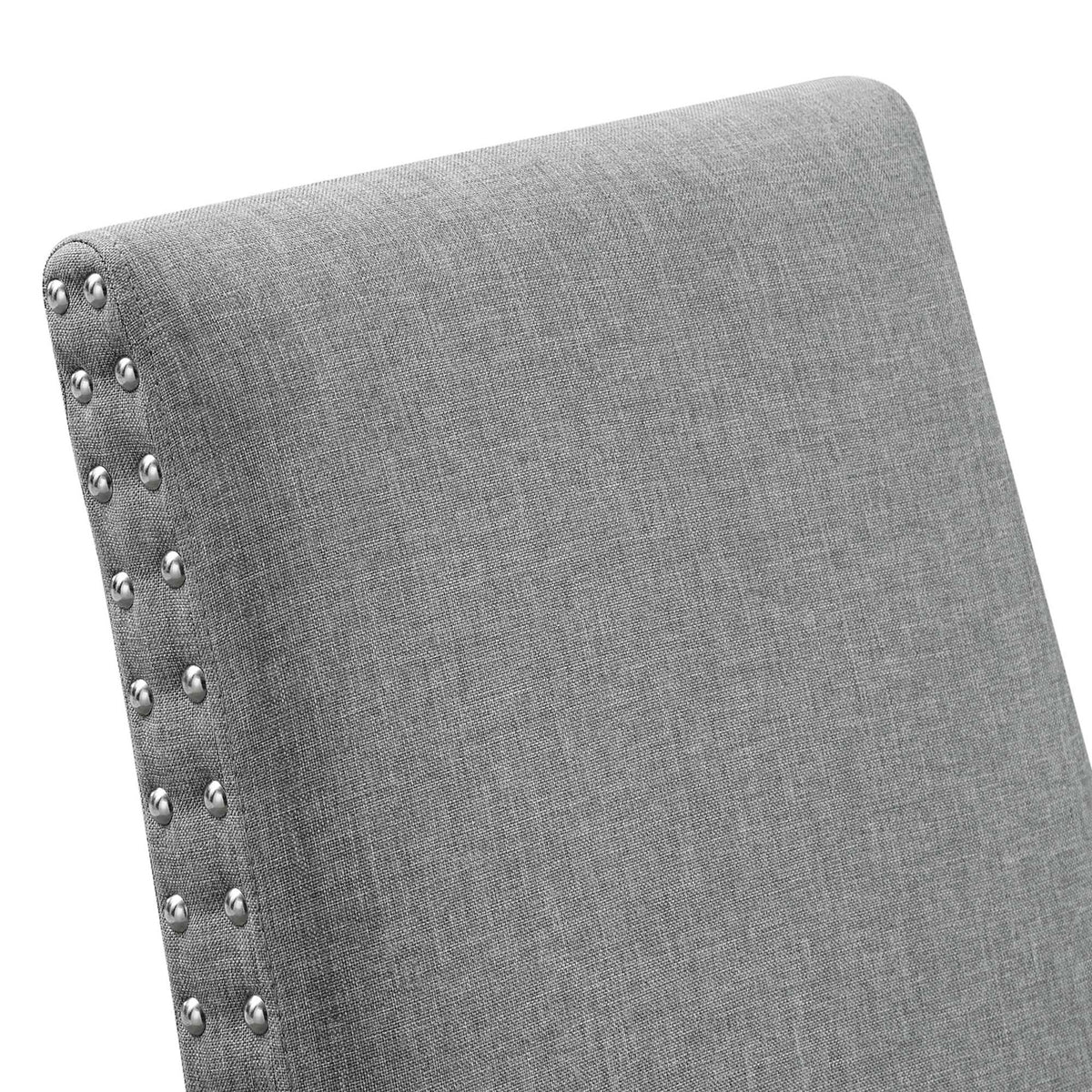 Light gray fabric backrest accented with polished metal nailhead trim along the edges. || EEI-1384-LGR || detail_studio