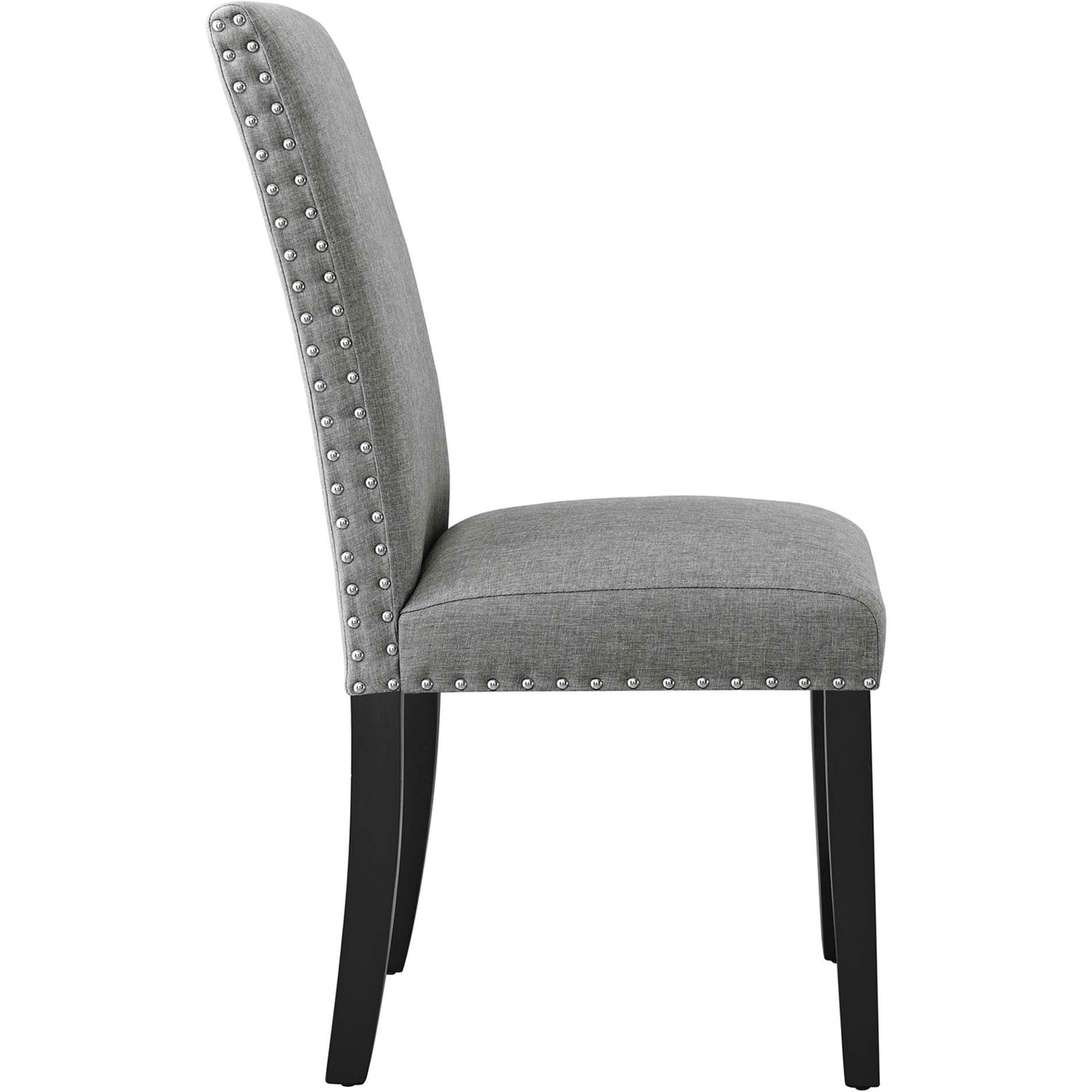 Light gray upholstered dining chair with cushioned seat and straight high back. || EEI-1384-LGR || side_studio