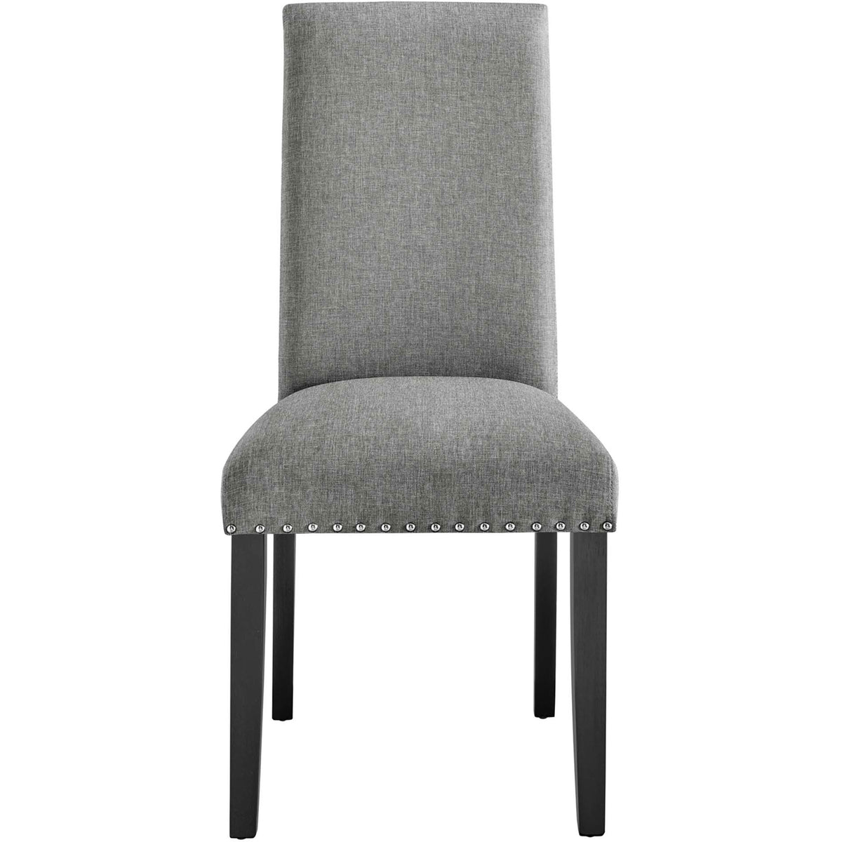 Parcel light gray upholstered dining chair with sleek high back and nailhead border. || EEI-1384-LGR || front_studio