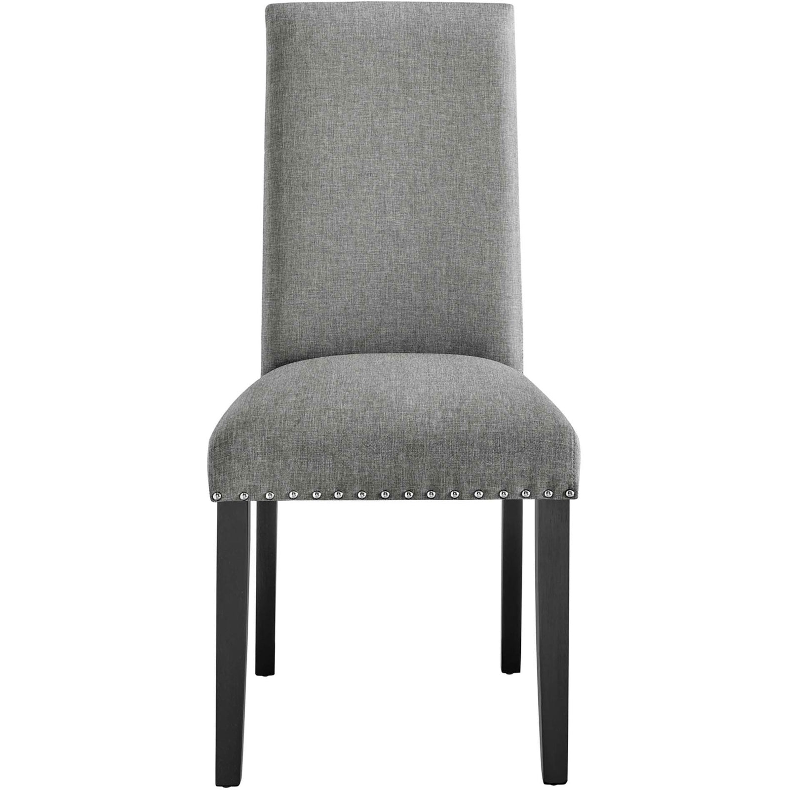 Parcel light gray upholstered dining chair with sleek high back and nailhead border. || EEI-1384-LGR || front_studio