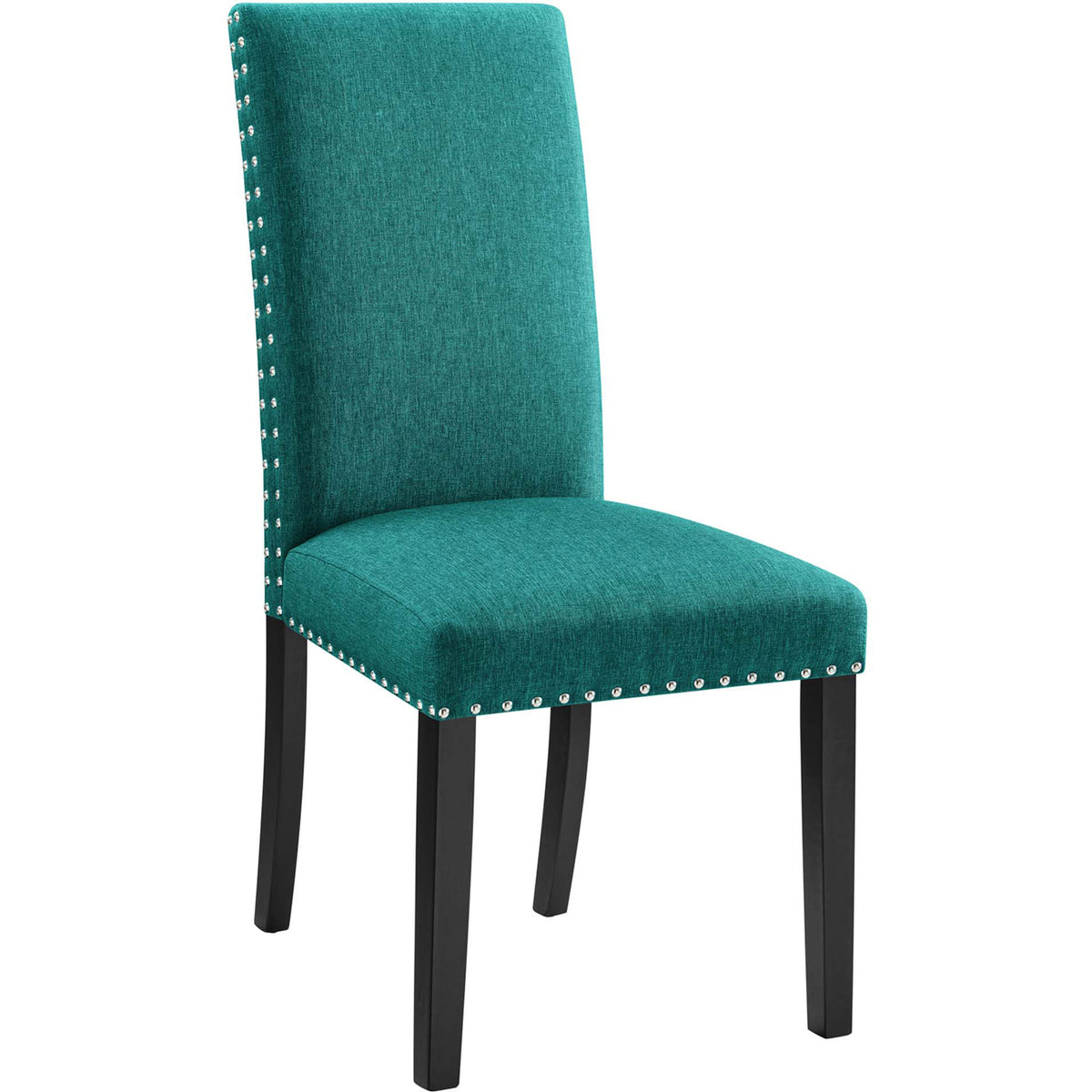 Teal fabric dining chair with nailhead trim and tapered espresso legs for modern seating || EEI-1384-TEA || front_angle_studio