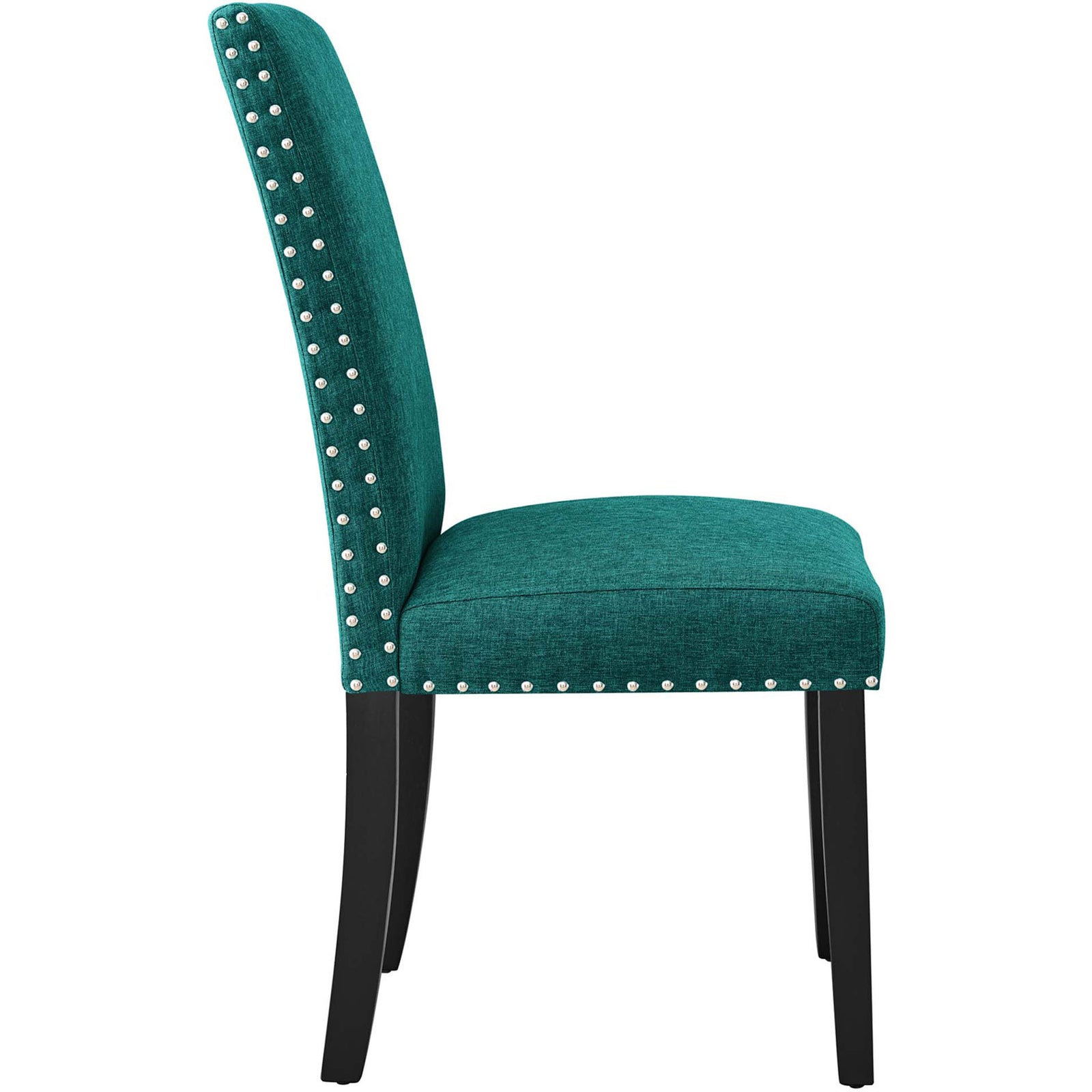 Teal upholstered dining chair with thick seat cushion and streamlined silhouette for contemporary dining spaces || EEI-1384-TEA || side_studio