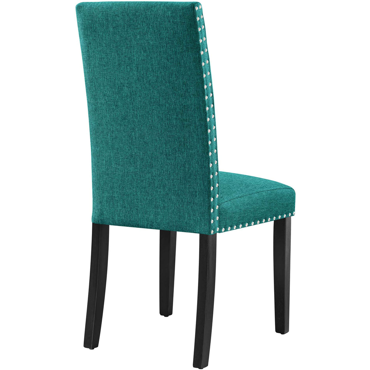 Teal dining chair back with full-length nailhead trim and gently tapered espresso legs || EEI-1384-TEA || back_angle_studio