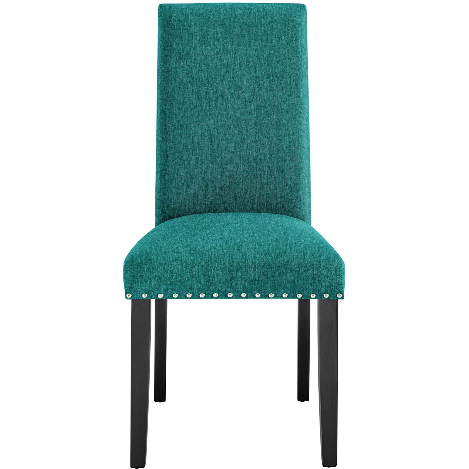Teal Parcel dining chair with smooth upholstered seat, nailhead trim, and sturdy espresso wood legs || EEI-1384-TEA || front_studio