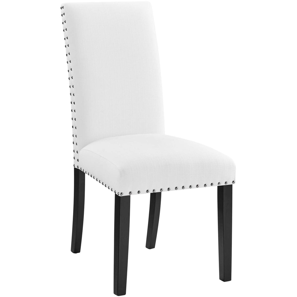 White upholstered dining chair with nailhead trim and espresso tapered legs || EEI-1384-WHI || front_angle_studio