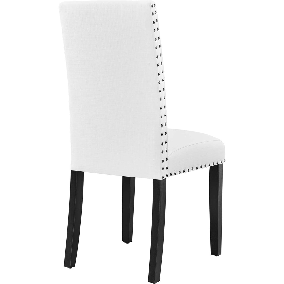 White dining chair showcasing full upholstered back with nailhead trim along the edges || EEI-1384-WHI || back_angle_studio