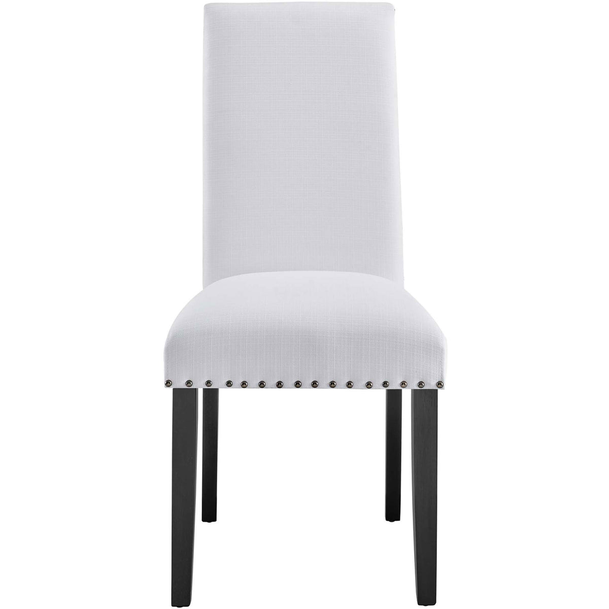 Modern white upholstered dining chair with clean lines and nailhead detailing || EEI-1384-WHI || front_studio