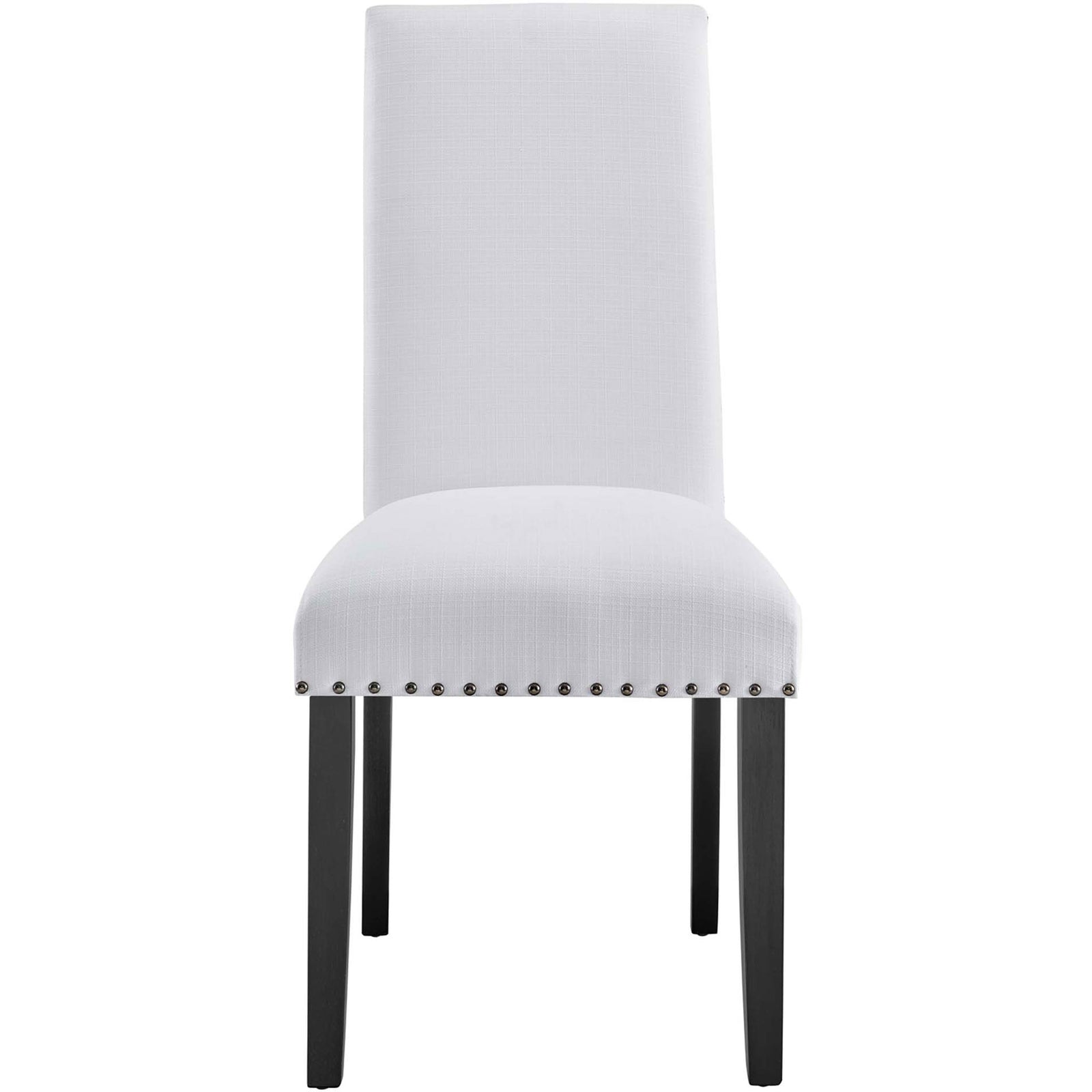 Modern white upholstered dining chair with clean lines and nailhead detailing || EEI-1384-WHI || front_studio
