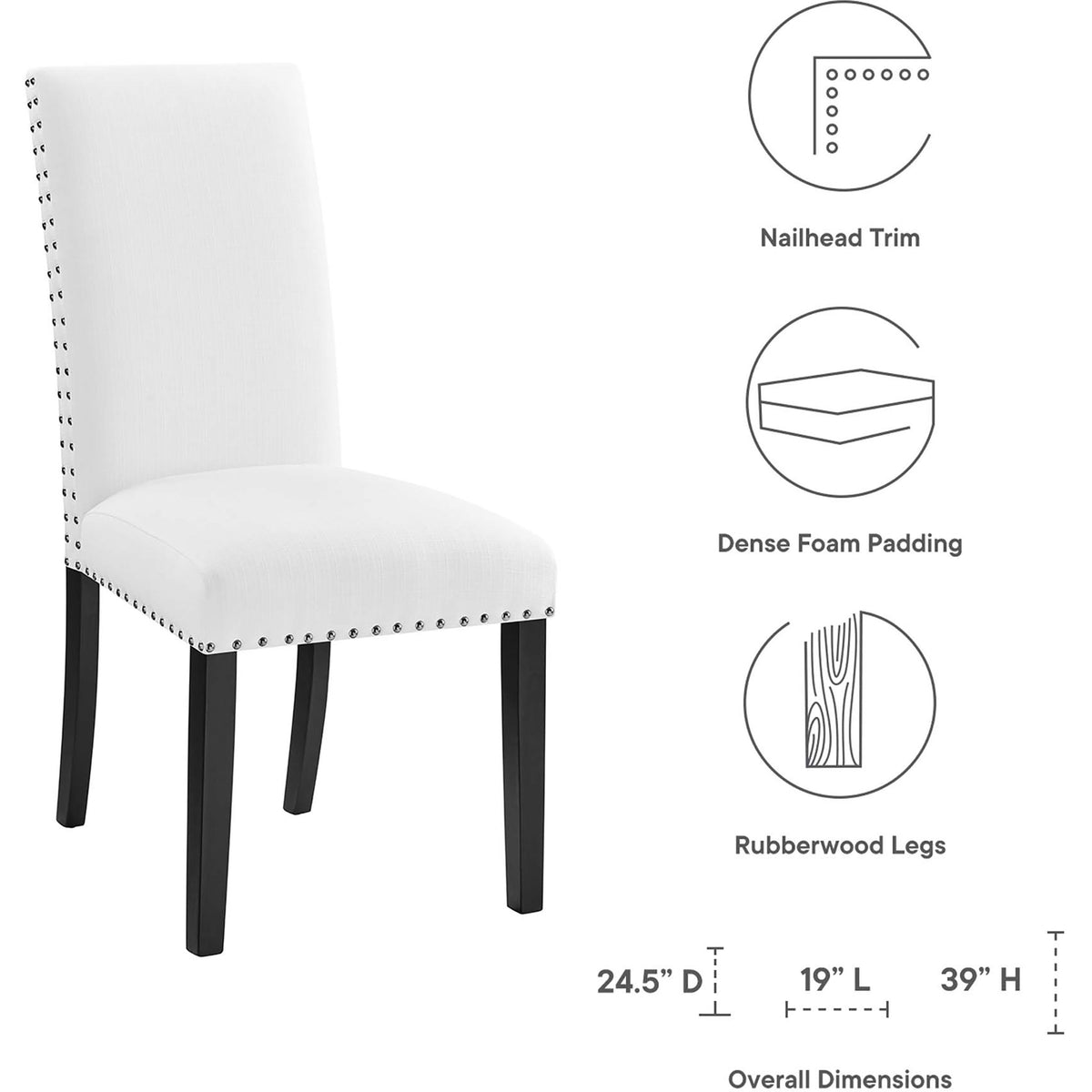 White nailhead dining chair with callouts for dense foam padding and rubberwood legs || EEI-1384-WHI || dimension_studio