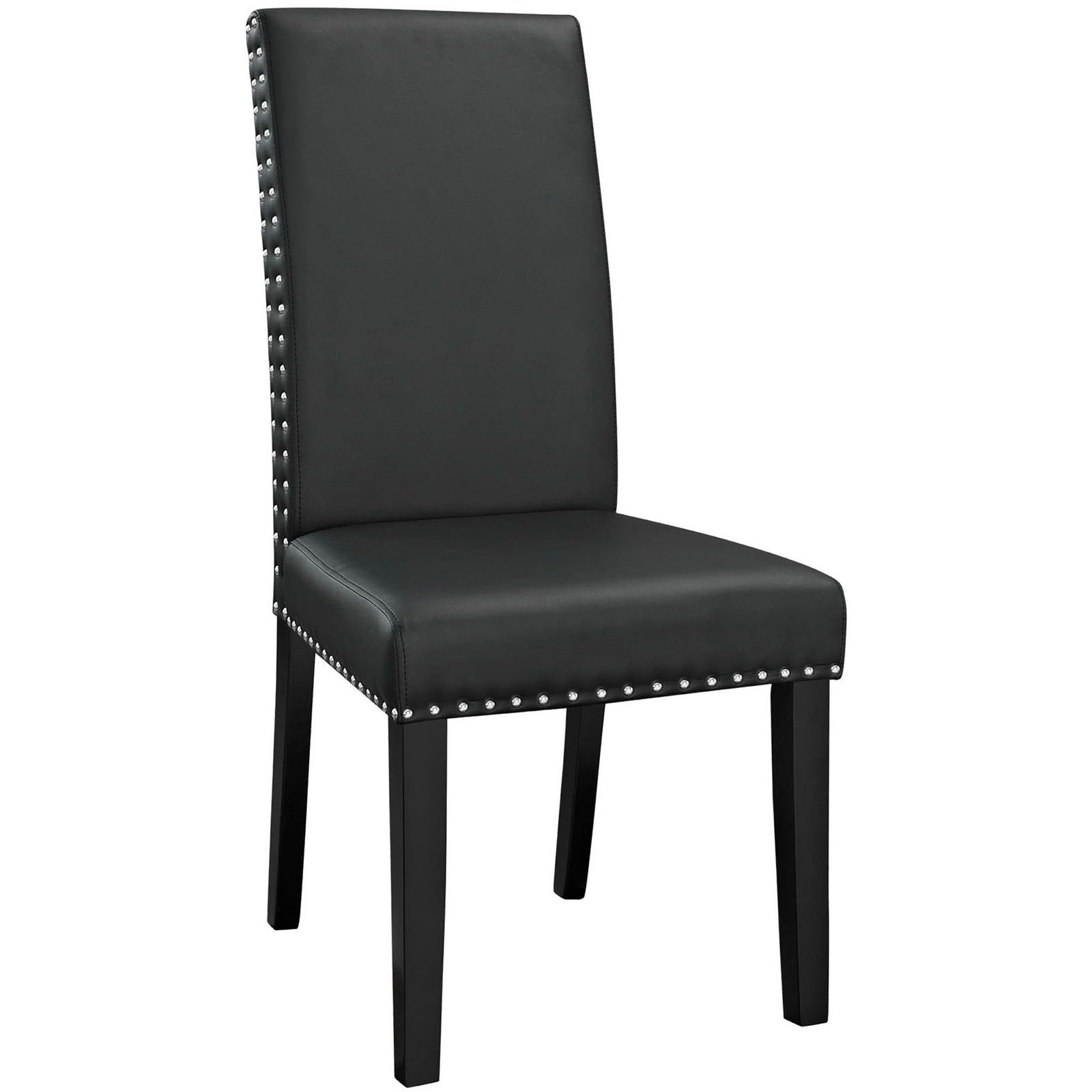 Black faux leather dining chair with tall padded back, silver nailhead trim, and black tapered wood legs || EEI-1491-BLK || front_angle_studio