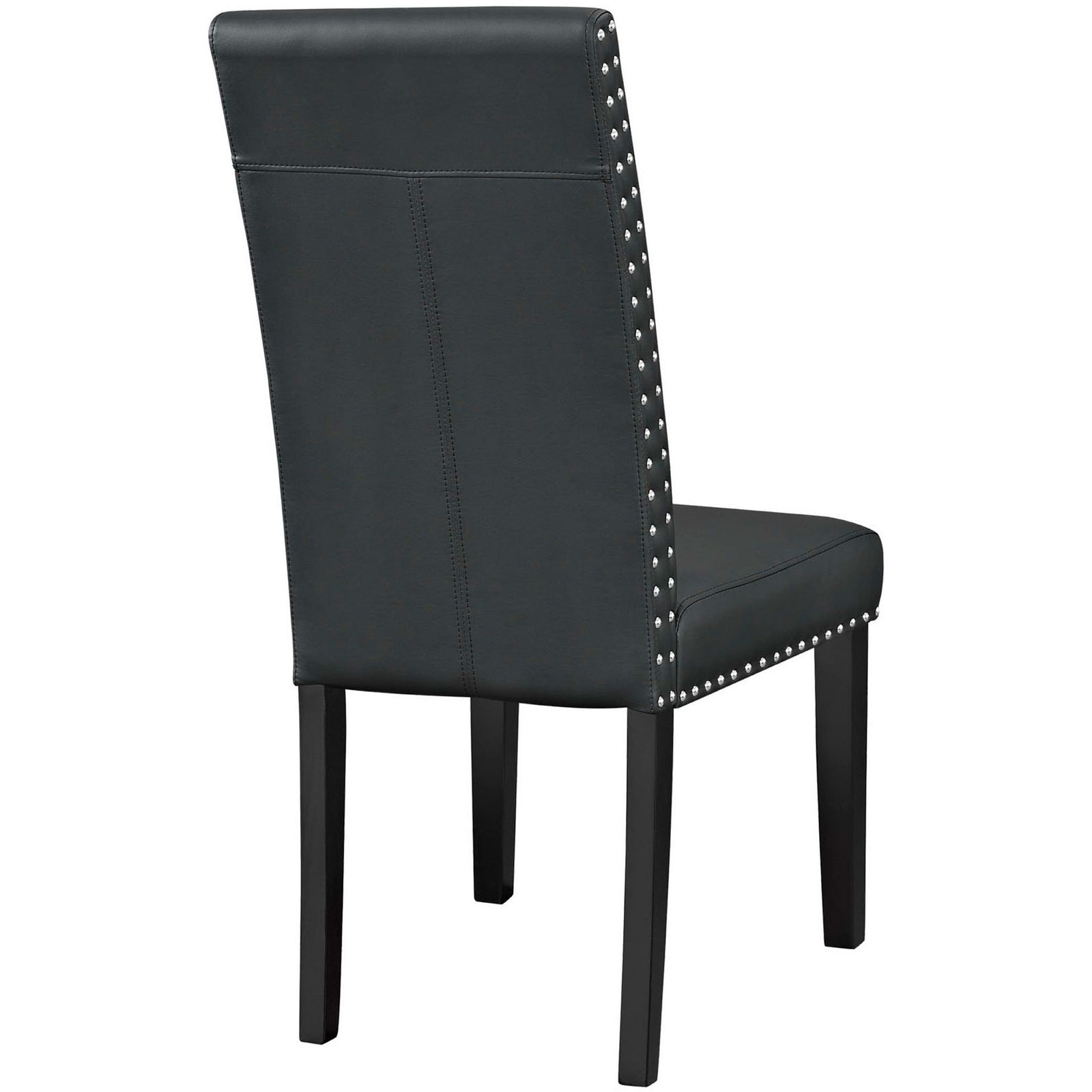 Black faux leather chair showcasing stitched backrest panel and double rows of polished nailhead trim || EEI-1491-BLK || back_angle_studio