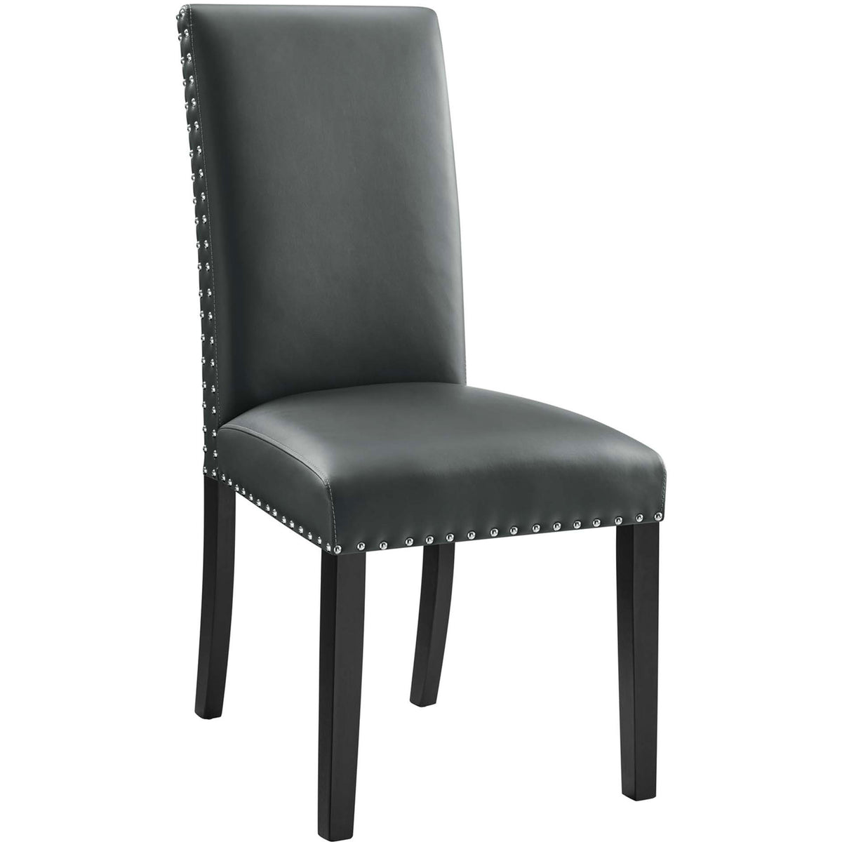 Gray faux leather dining chair with nailhead trim and black tapered wood legs || EEI-1491-GRY || front_angle_studio