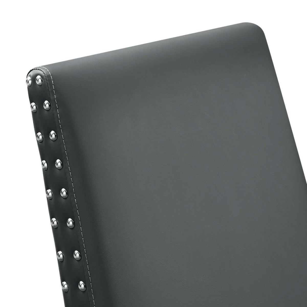 Plush gray faux leather backrest accented with double rows of polished nailhead trim || EEI-1491-GRY || detail_studio