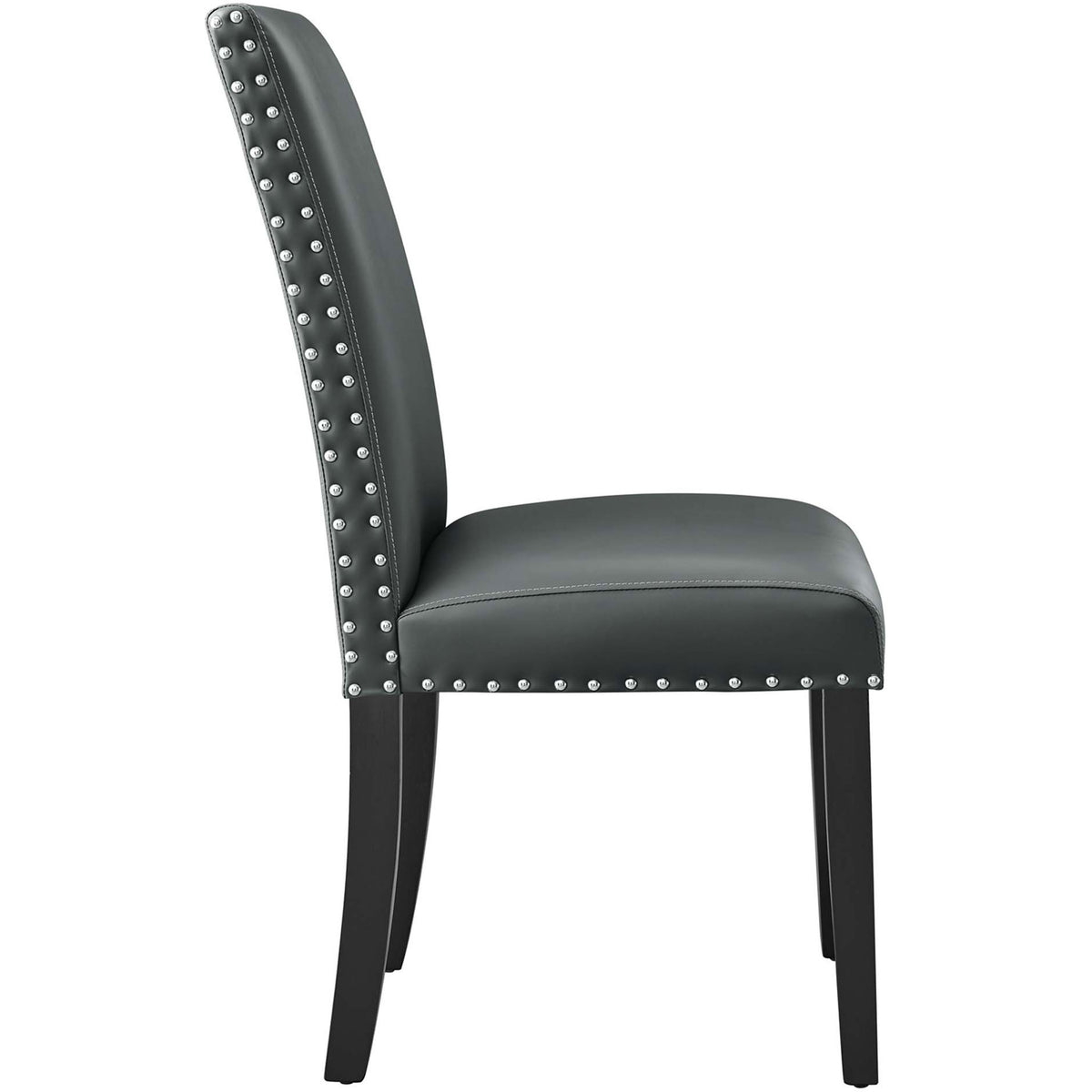 Armless gray faux leather dining chair with thick cushioned seat and sleek black wood legs || EEI-1491-GRY || side_studio