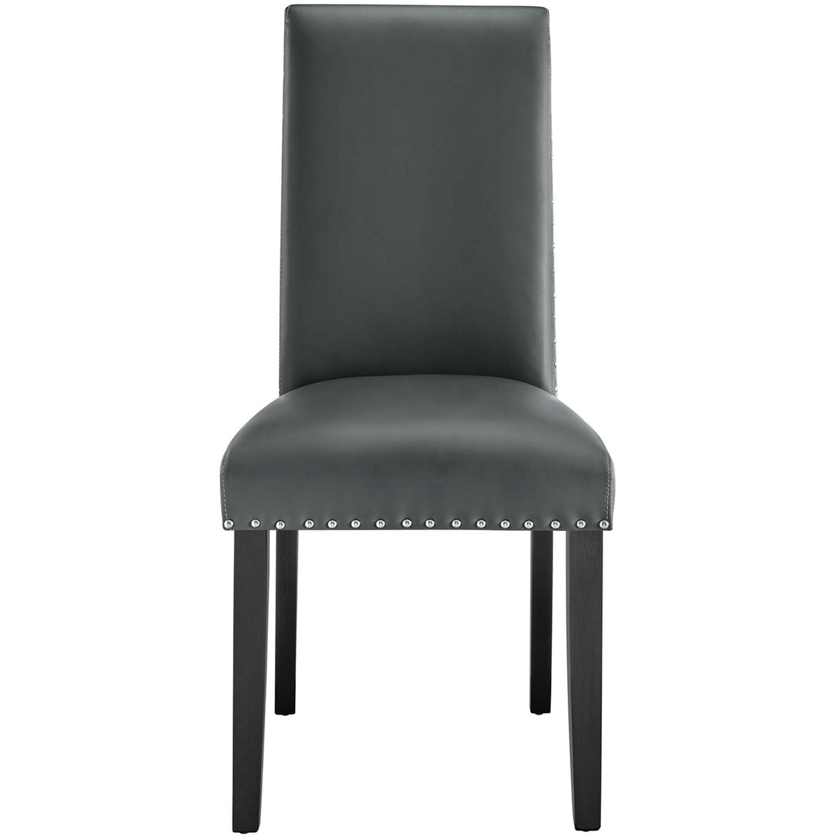 Supportive high back gray faux leather dining chair with clean lines and classic nailhead border || EEI-1491-GRY || front_studio