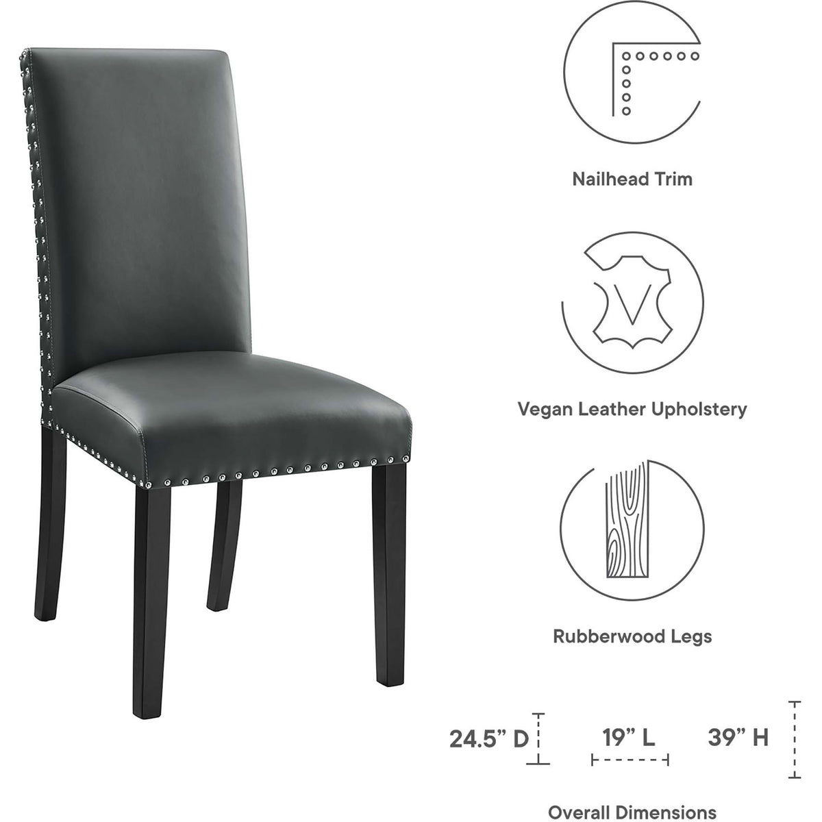 Gray faux leather dining chair showing nailhead trim, wood legs, and key overall dimensions || EEI-1491-GRY || dimension_studio