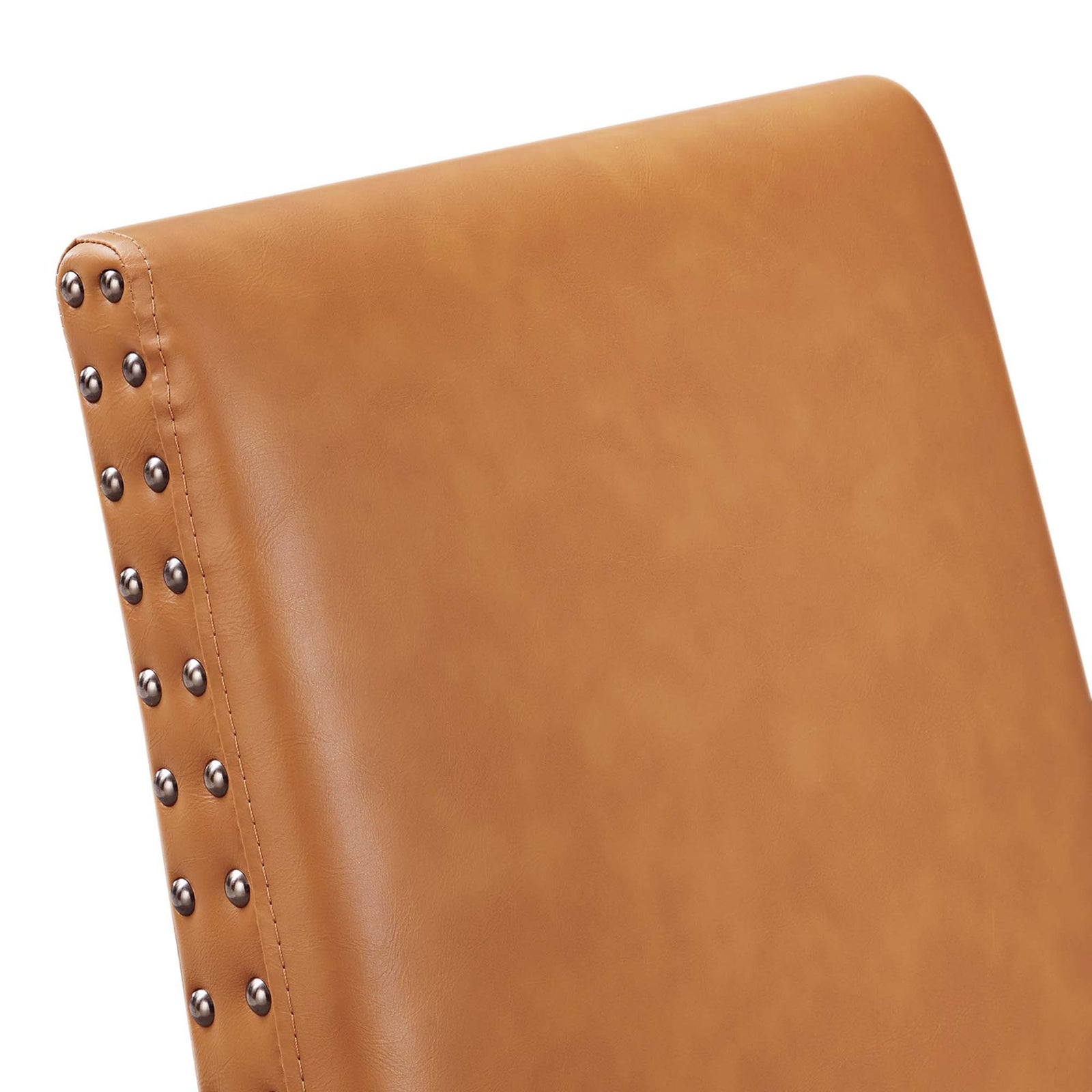 Close-up of tan faux leather chair back with rows of silver nailhead trim || EEI-1491-TAN || detail_studio