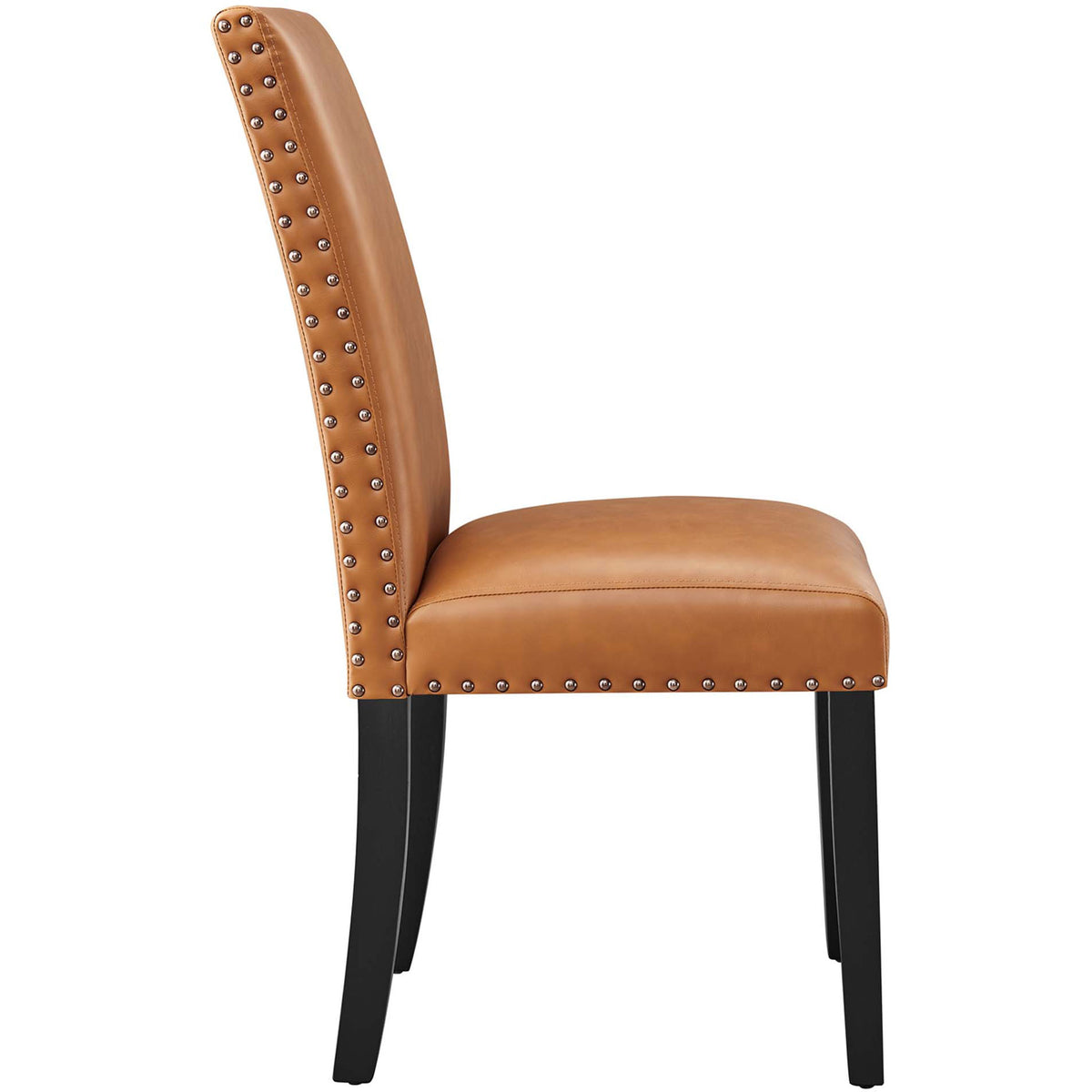 Tan faux leather dining chair shown from the side with plush seat and tall backrest || EEI-1491-TAN || side_studio