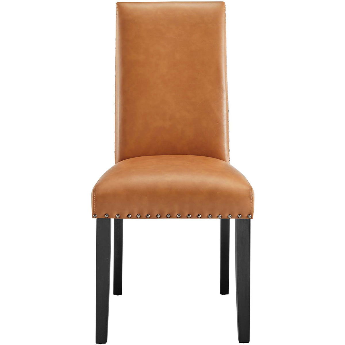 Tan faux leather dining side chair with clean silhouette and nailhead accents on black legs || EEI-1491-TAN || front_studio