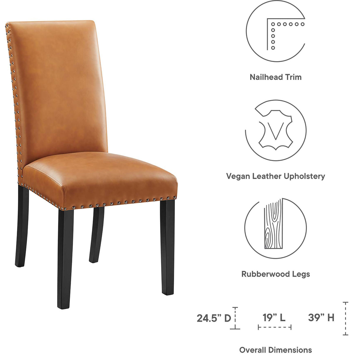 Dimension diagram of tan faux leather dining chair with nailhead trim, vegan leather, and rubberwood legs || EEI-1491-TAN || dimension_studio