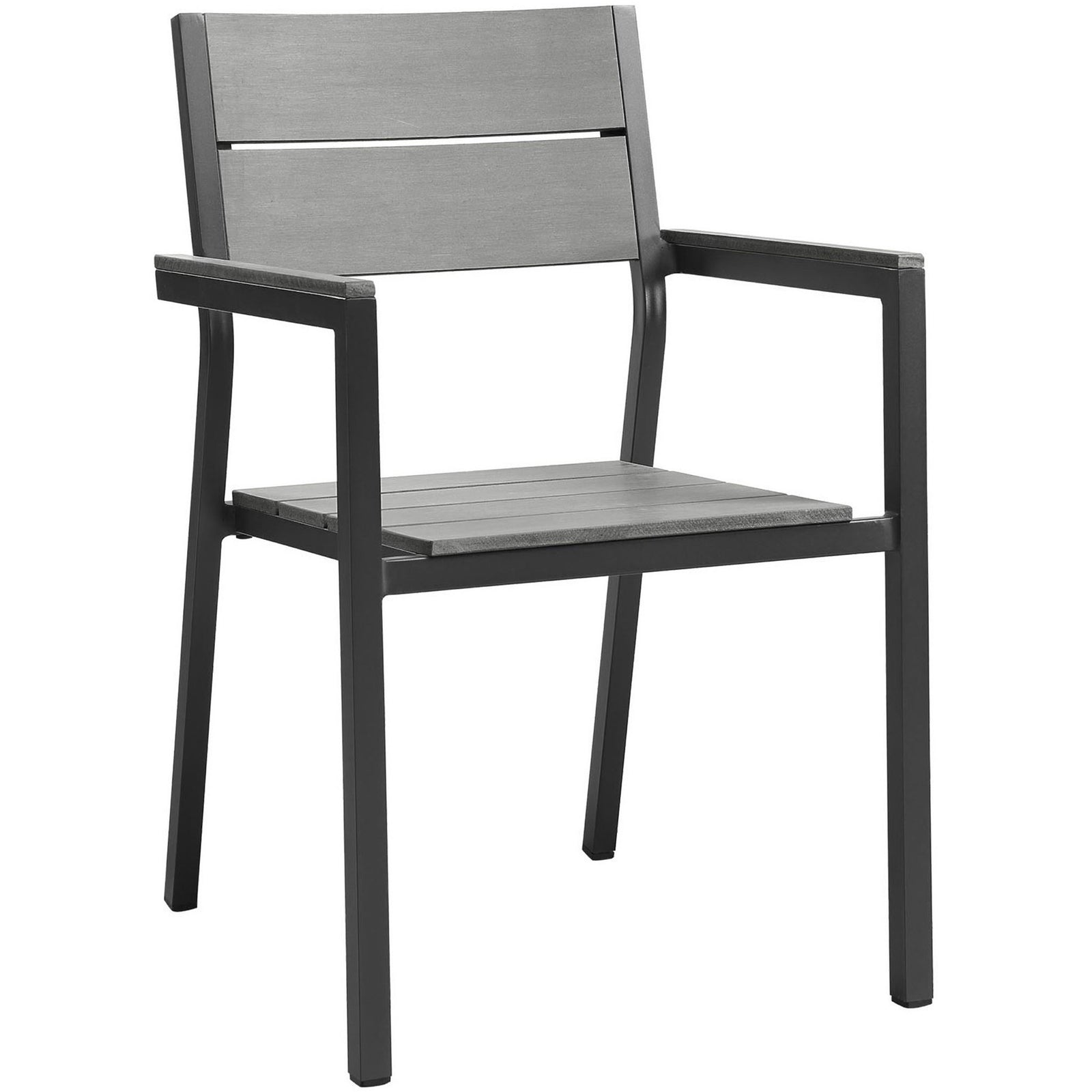 Sleek brown and gray outdoor armchair with slatted seat and back || EEI-1506-BRN-GRY || front_angle_studio