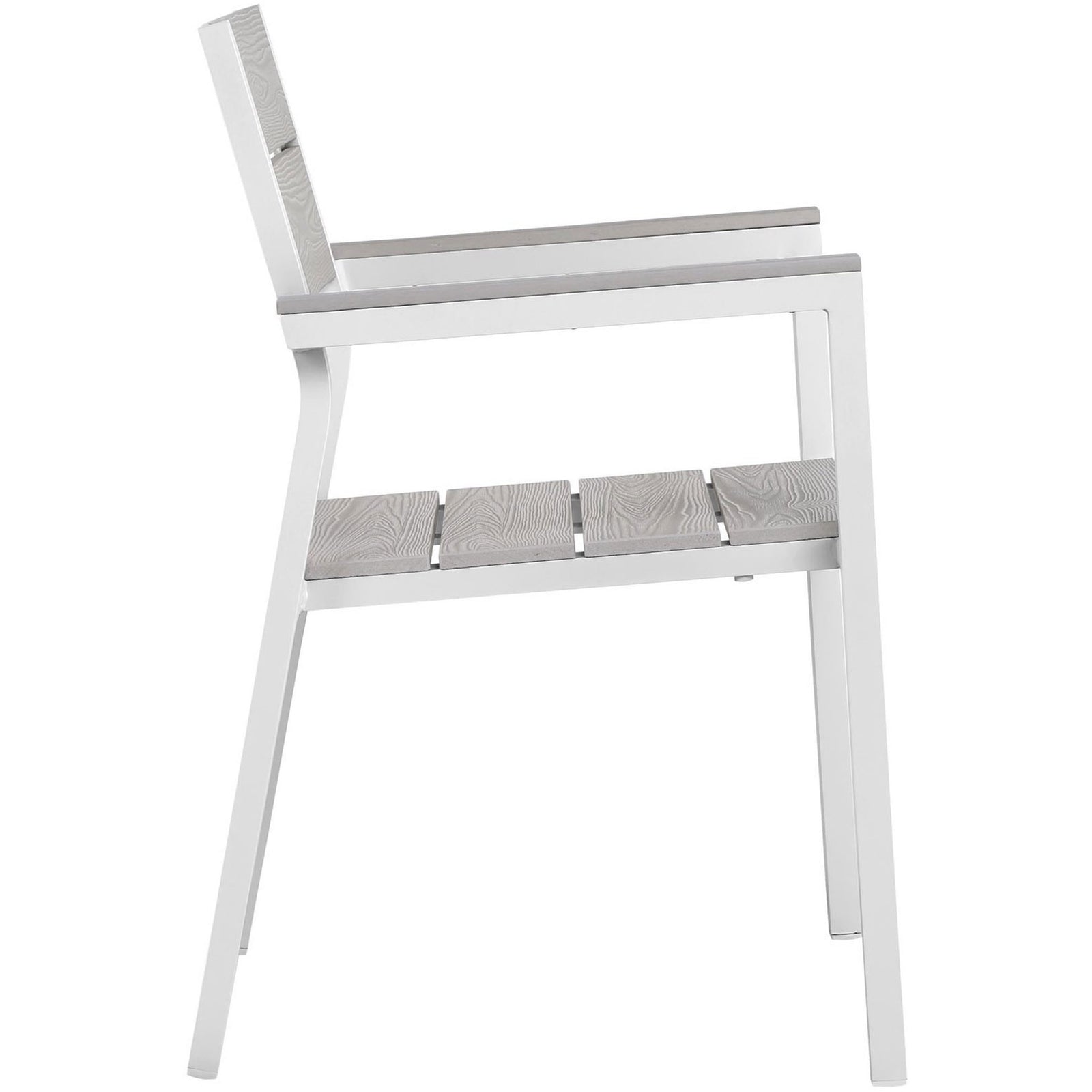 Side view of white patio armchair with slim frame and contoured seat slats || EEI-1506-WHI-LGR || side_studio