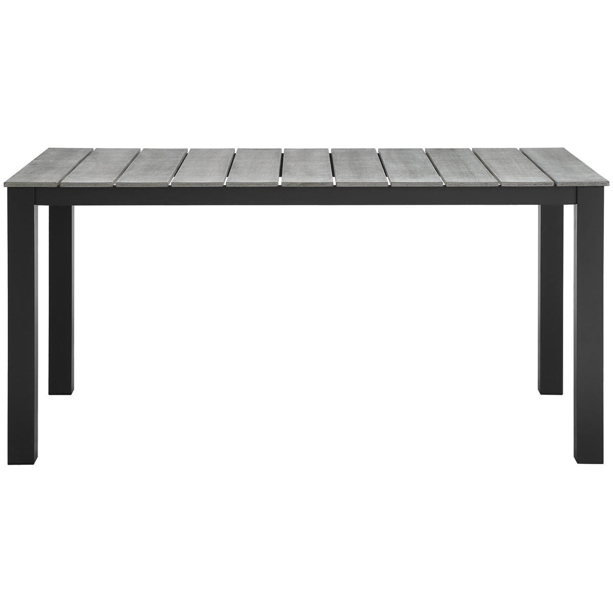 Brown-gray 63 inch outdoor dining table with light gray slatted top and sturdy metal legs. || EEI-1508-BRN-GRY || front_studio