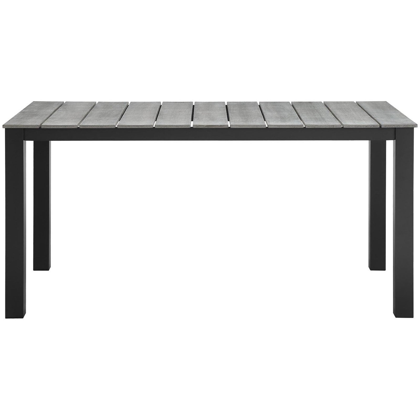 Brown-gray 63 inch outdoor dining table with light gray slatted top and sturdy metal legs. || EEI-1508-BRN-GRY || front_studio