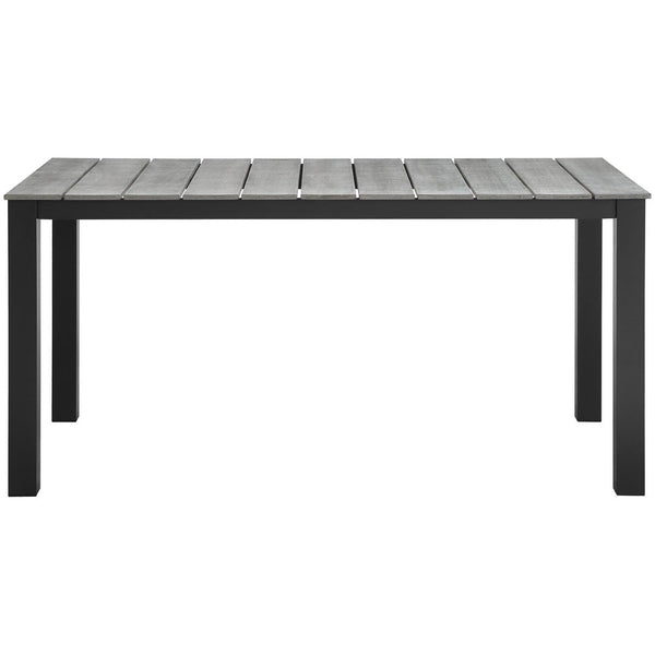 Brown-gray 63 inch outdoor dining table with light gray slatted top and sturdy metal legs. || EEI-1508-BRN-GRY || front_studio