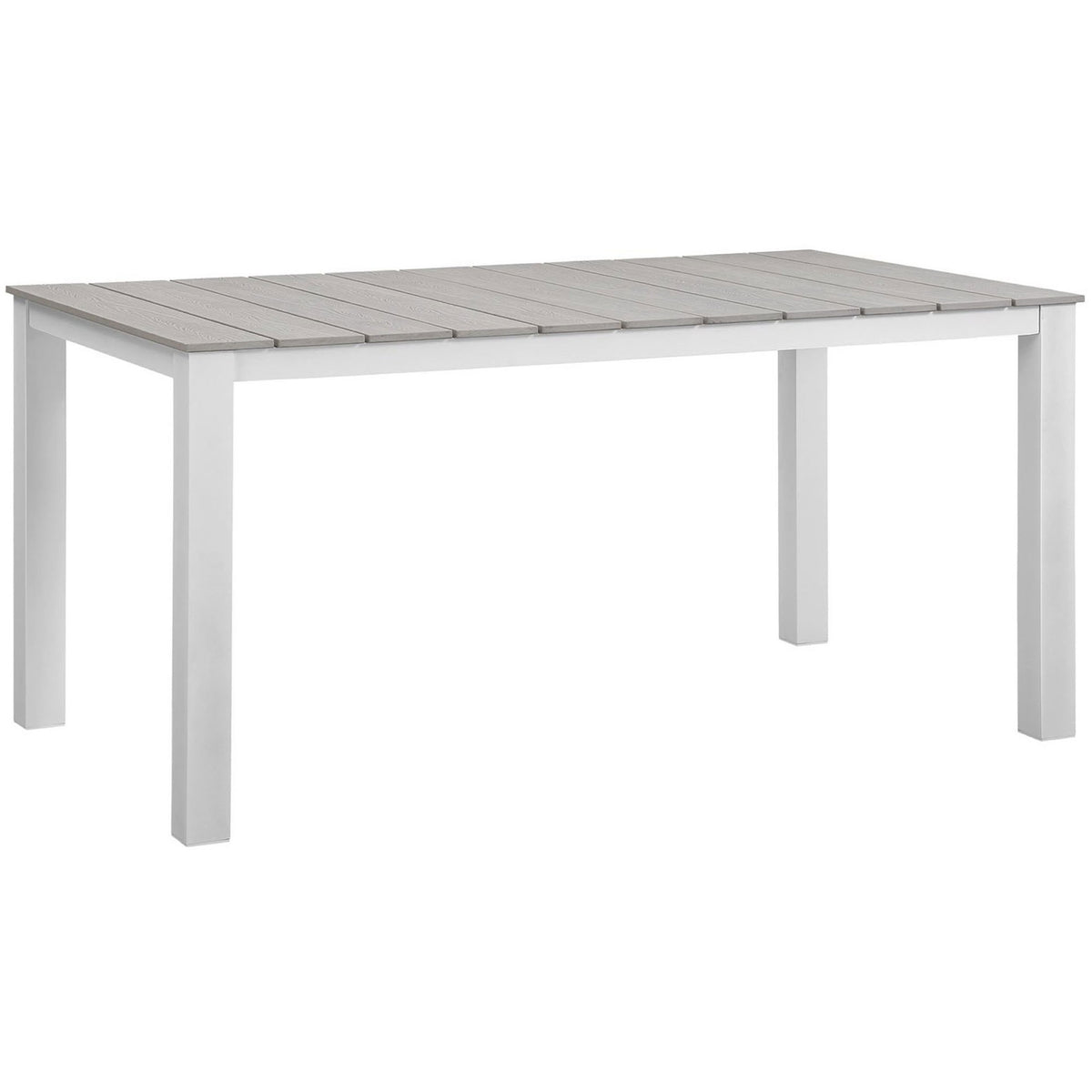 Sleek white patio table featuring a light gray plank top and sturdy square legs. || EEI-1508-WHI-LGR || front_angle_studio