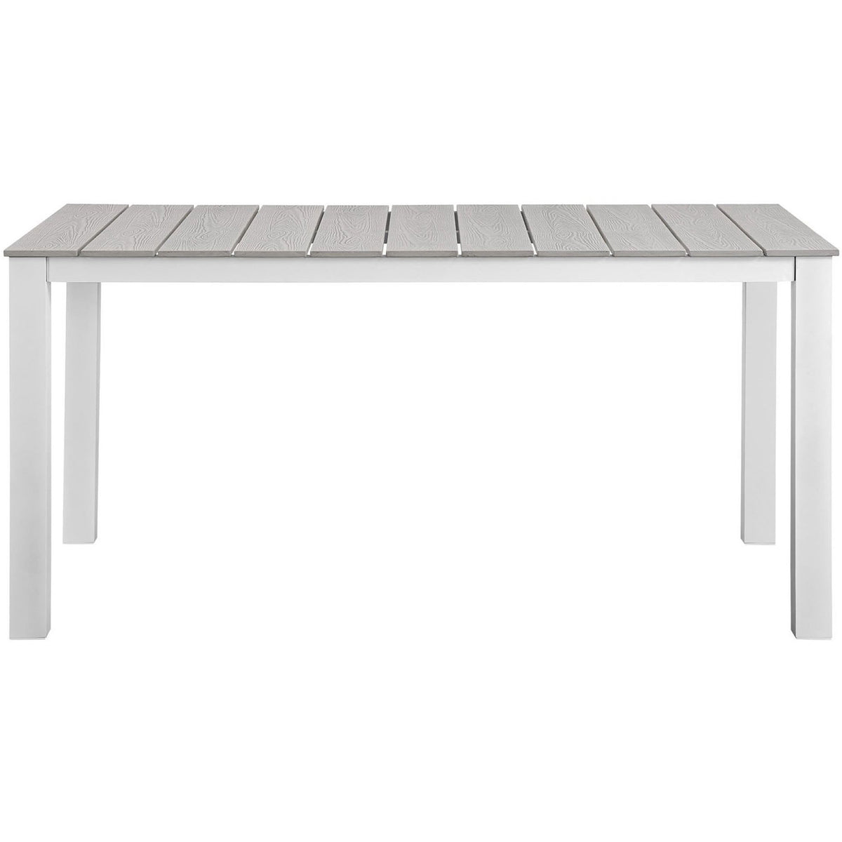 White 63 inch outdoor dining table with light gray wood-look slats and crisp modern lines. || EEI-1508-WHI-LGR || front_studio
