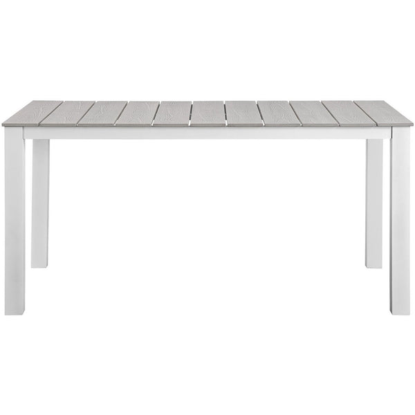 White 63 inch outdoor dining table with light gray wood-look slats and crisp modern lines. || EEI-1508-WHI-LGR || front_studio