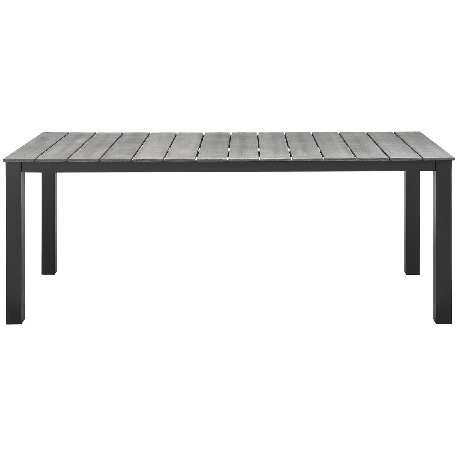 Long brown-gray outdoor dining table with wide gray planks and powder-coated metal frame. || EEI-1509-BRN-GRY || front_studio