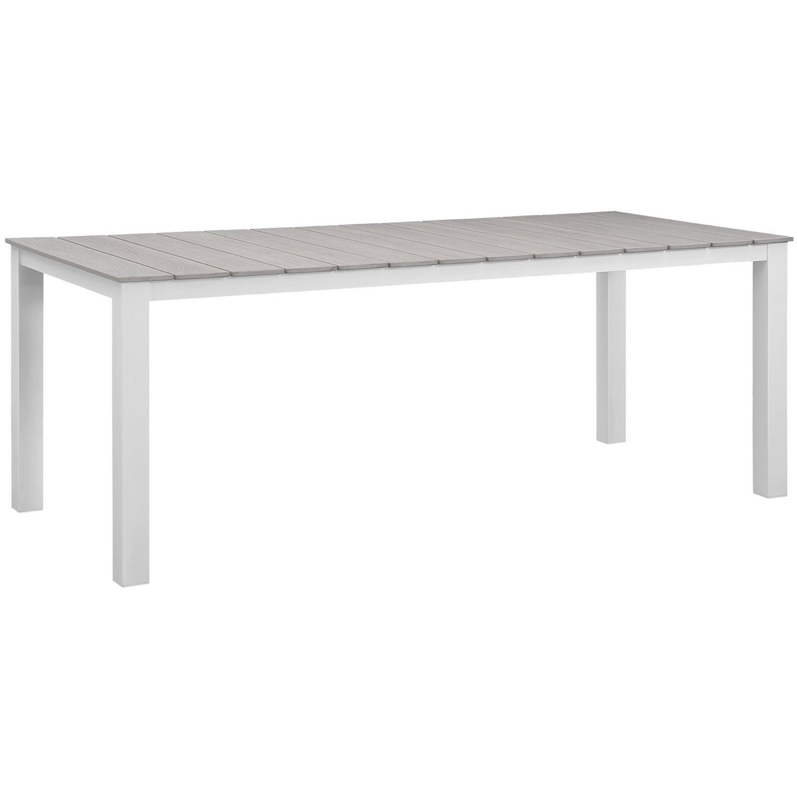 Spacious white patio table showcasing a light gray slatted surface and clean modern base. || EEI-1509-WHI-LGR || front_angle_studio