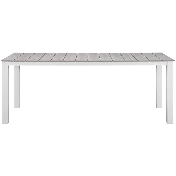 Long white outdoor dining table with light gray planked top and durable powder-coated frame. || EEI-1509-WHI-LGR || front_studio