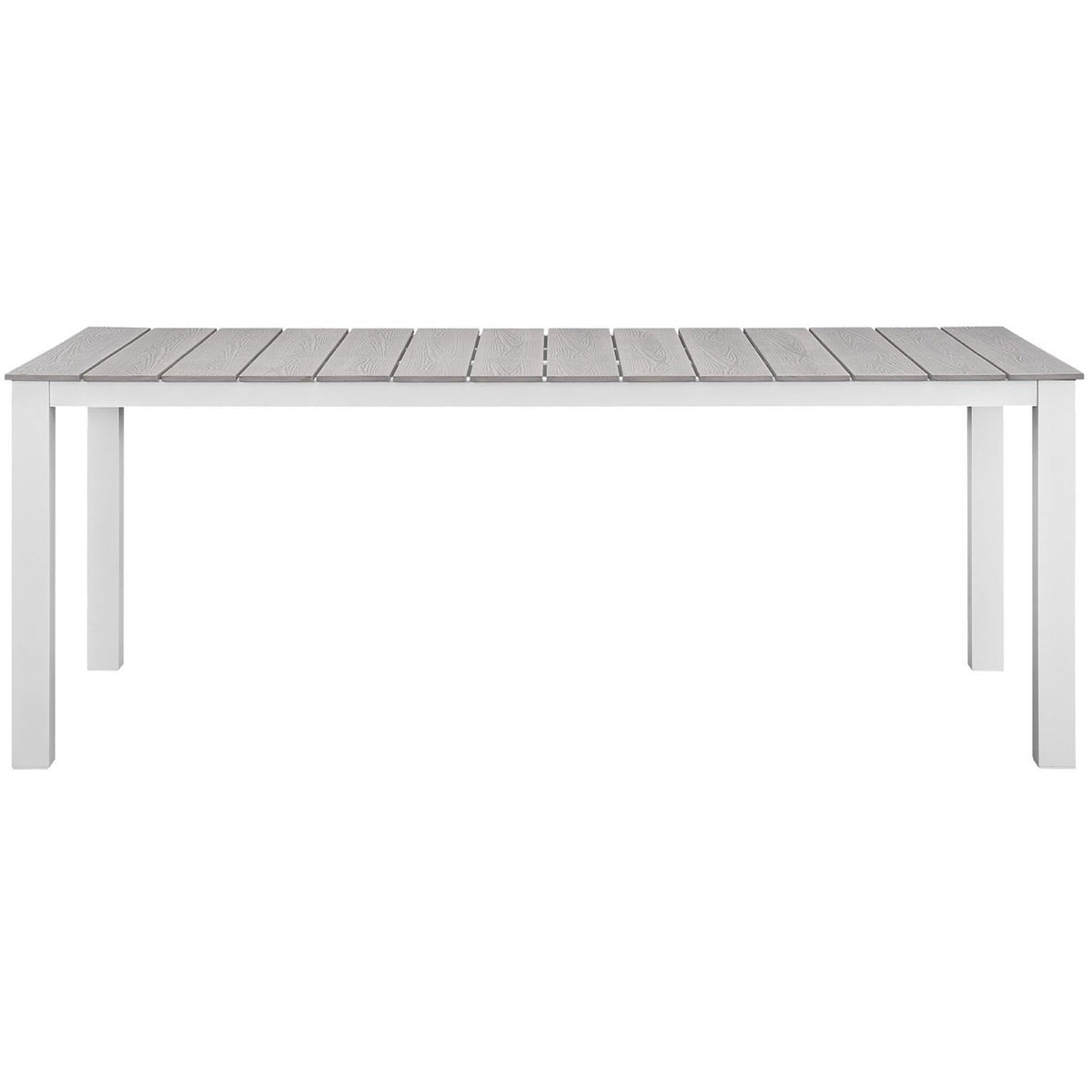Long white outdoor dining table with light gray planked top and durable powder-coated frame. || EEI-1509-WHI-LGR || front_studio