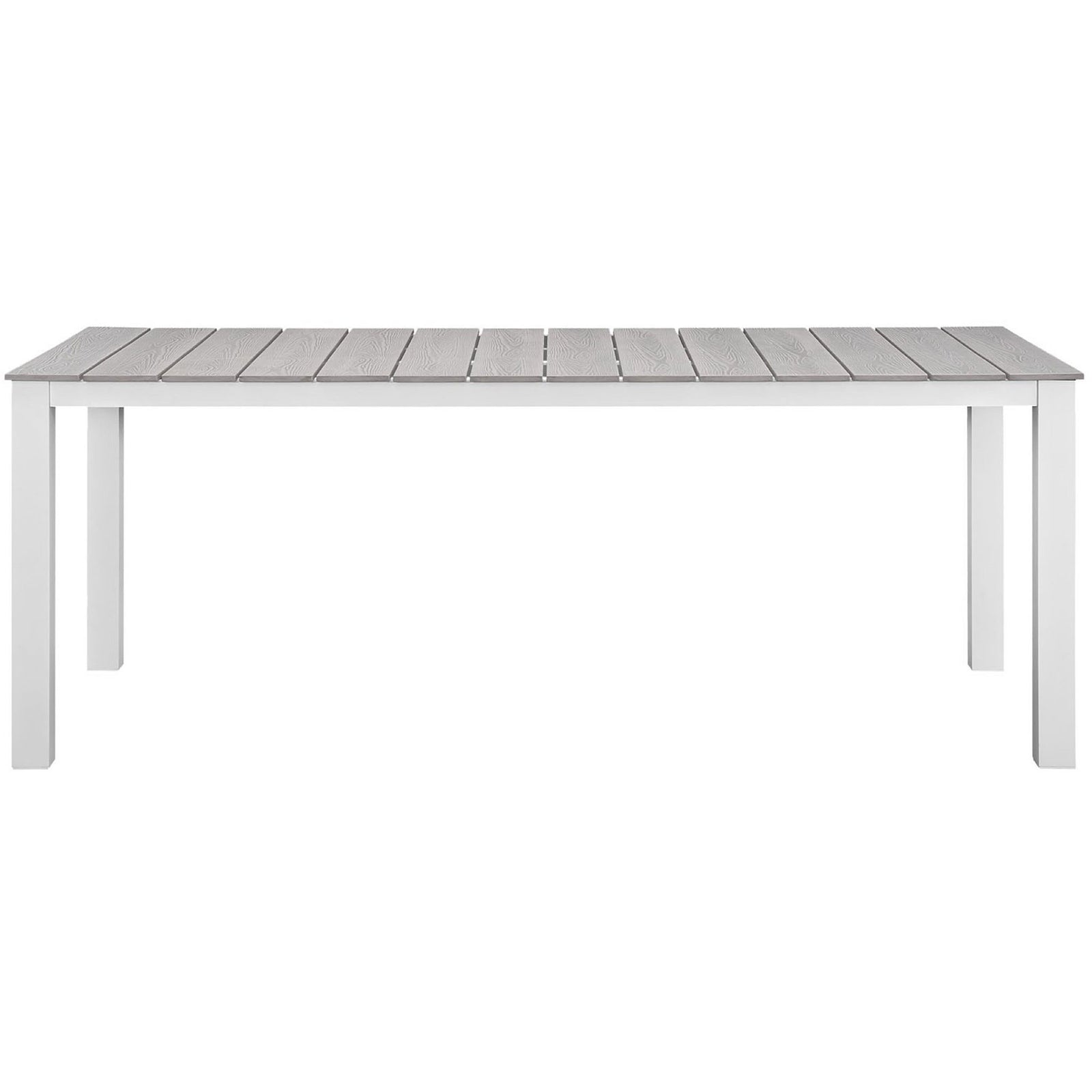 Long white outdoor dining table with light gray planked top and durable powder-coated frame. || EEI-1509-WHI-LGR || front_studio