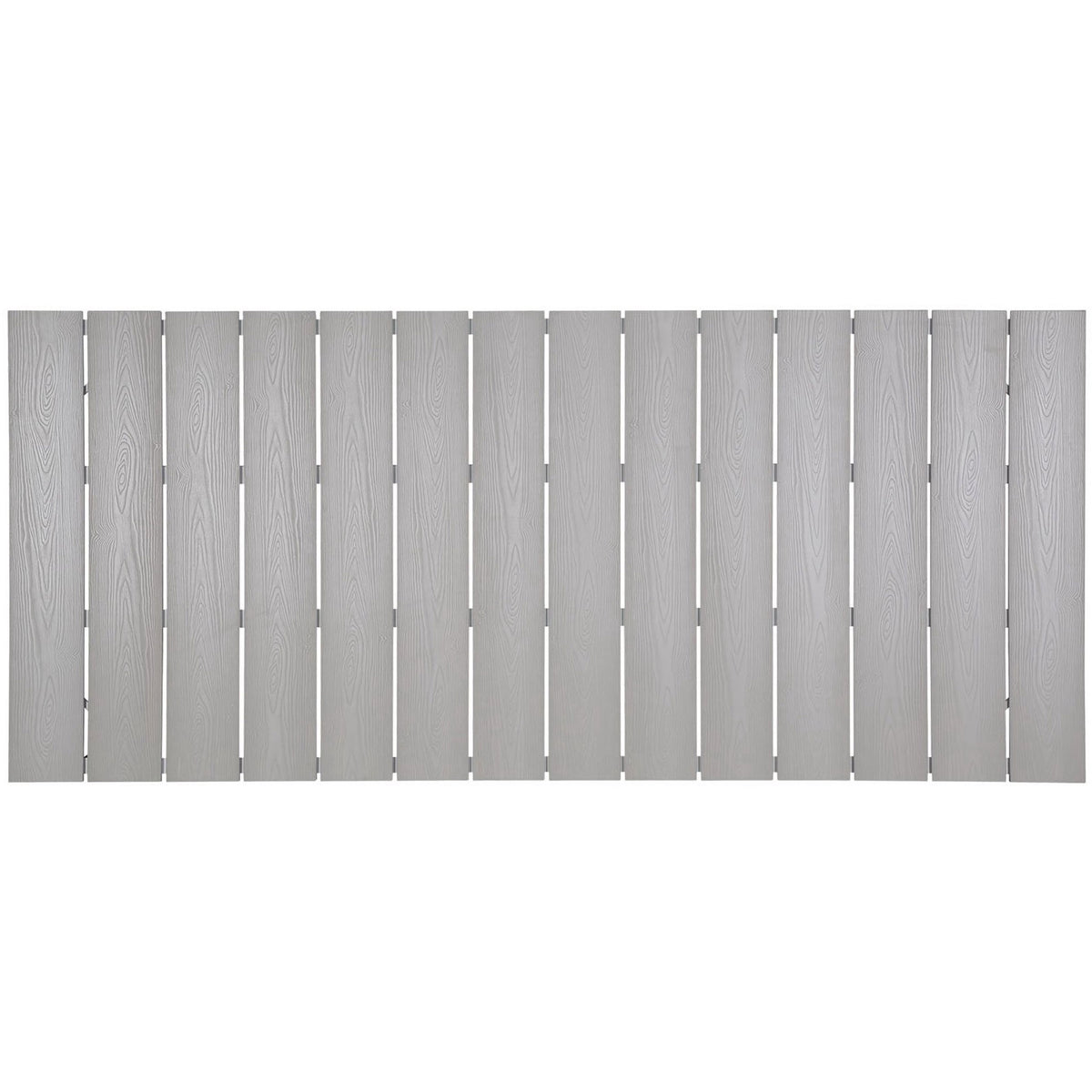 Extended light gray tabletop with linear wood-grain slats for a contemporary outdoor setting. || EEI-1509-WHI-LGR || top_studio