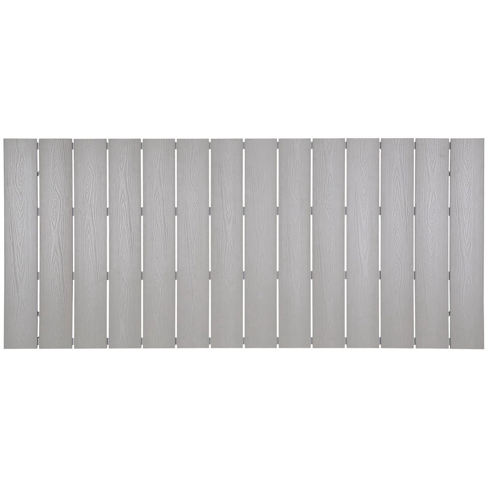 Extended light gray tabletop with linear wood-grain slats for a contemporary outdoor setting. || EEI-1509-WHI-LGR || top_studio