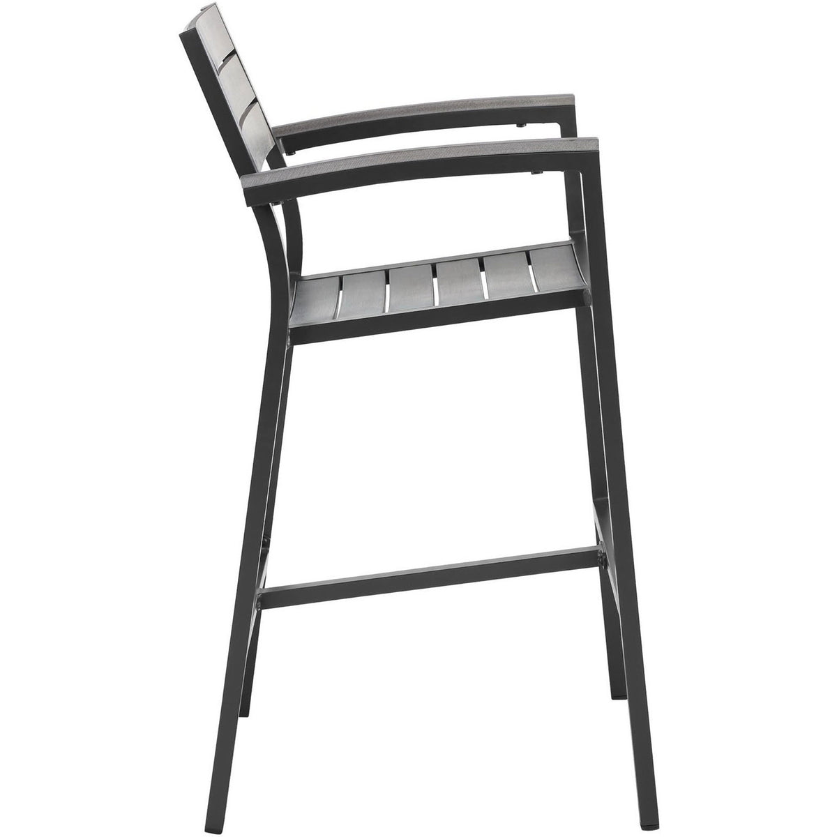 Brown gray bar stool showcasing its slim profile, gently curved back, and supportive armrests for outdoor bars || EEI-1510-BRN-GRY || side_studio