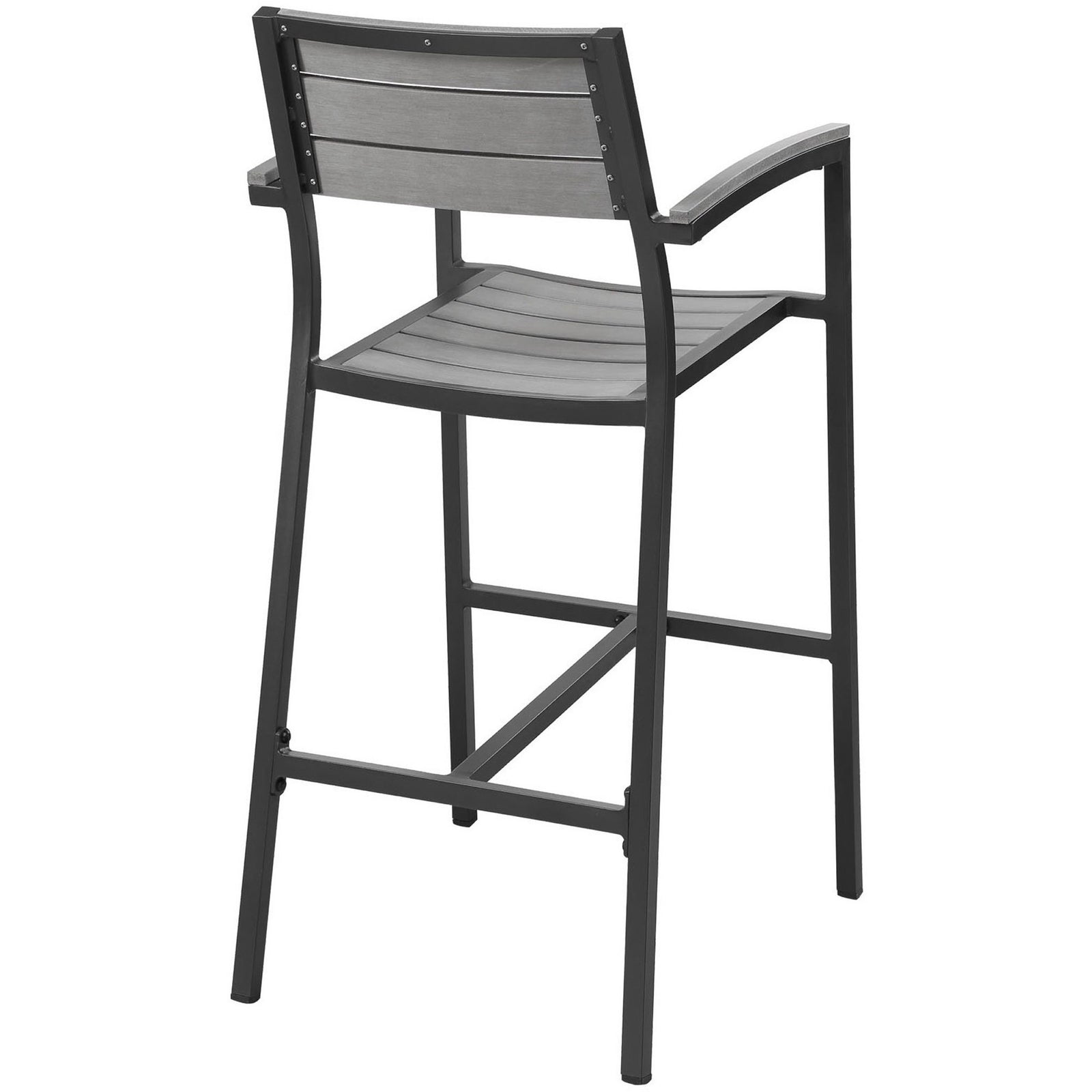 Brown gray outdoor bar stool with slatted backrest and sturdy metal frame for long lasting patio use || EEI-1510-BRN-GRY || back_angle_studio