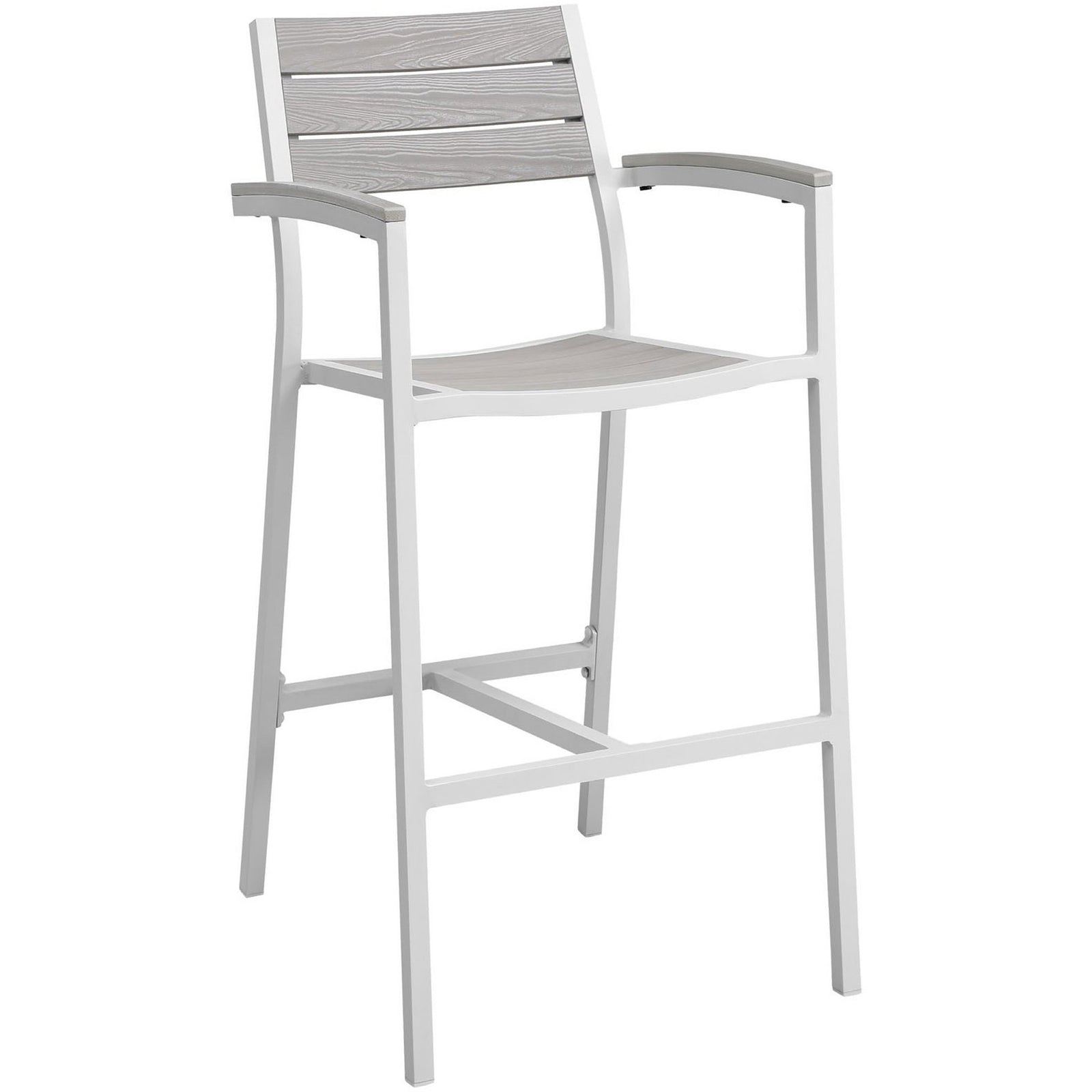 White outdoor bar stool with light gray wood look slats, curved arms, and a clean, contemporary profile || EEI-1510-WHI-LGR || front_angle_studio