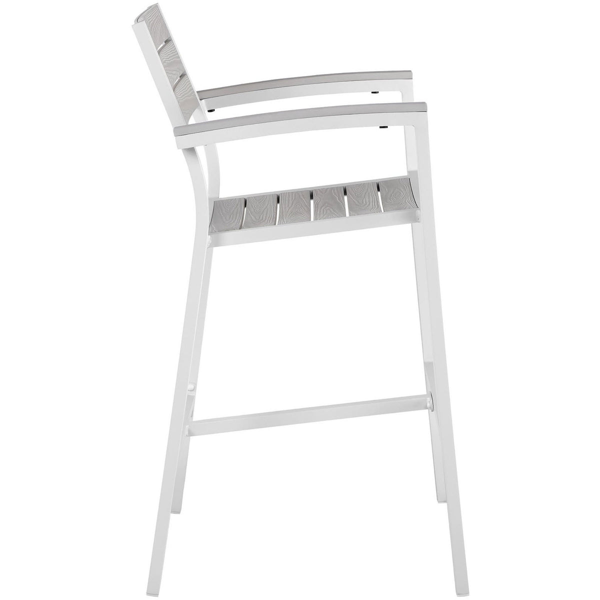 Outdoor bar stool in white with gently arched arms and footrest, showing its slim, space saving profile || EEI-1510-WHI-LGR || side_studio