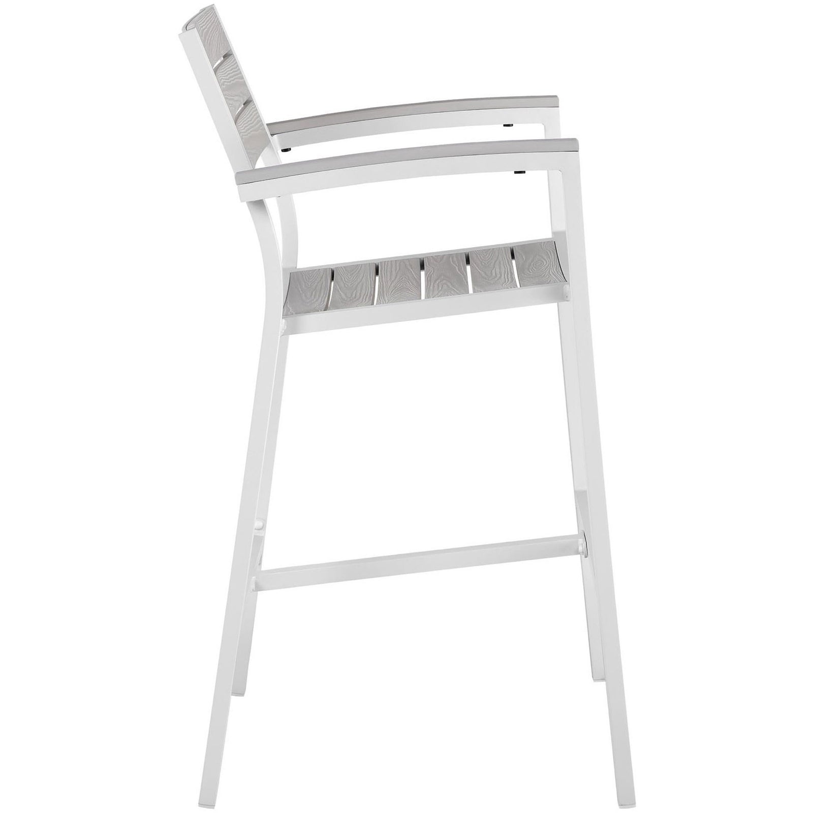 Outdoor bar stool in white with gently arched arms and footrest, showing its slim, space saving profile || EEI-1510-WHI-LGR || side_studio