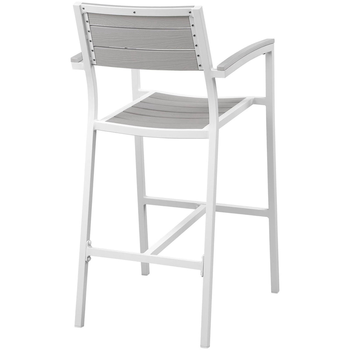 White and light gray outdoor bar stool with slatted backrest and durable aluminum frame for coastal patios || EEI-1510-WHI-LGR || back_angle_studio