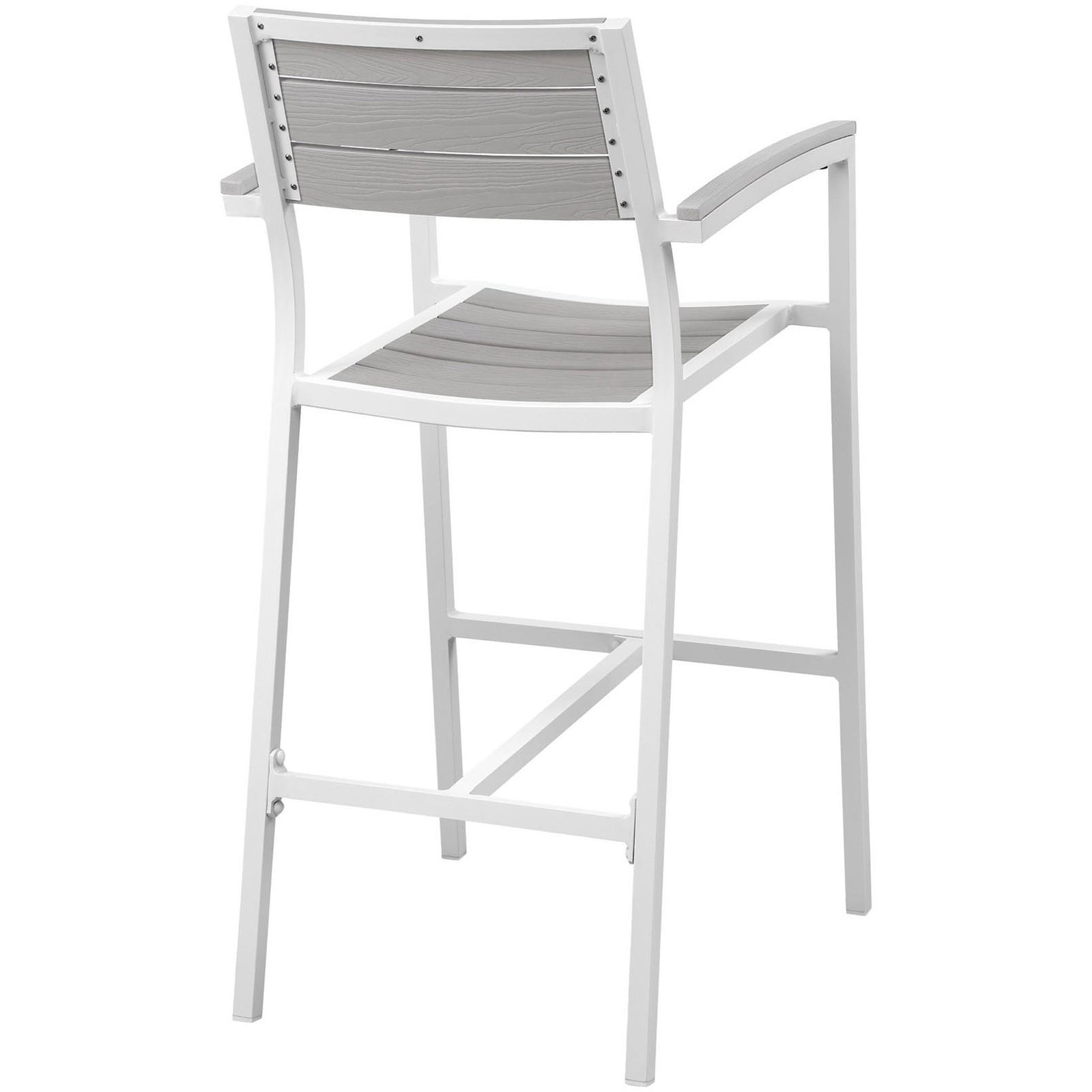 White and light gray outdoor bar stool with slatted backrest and durable aluminum frame for coastal patios || EEI-1510-WHI-LGR || back_angle_studio