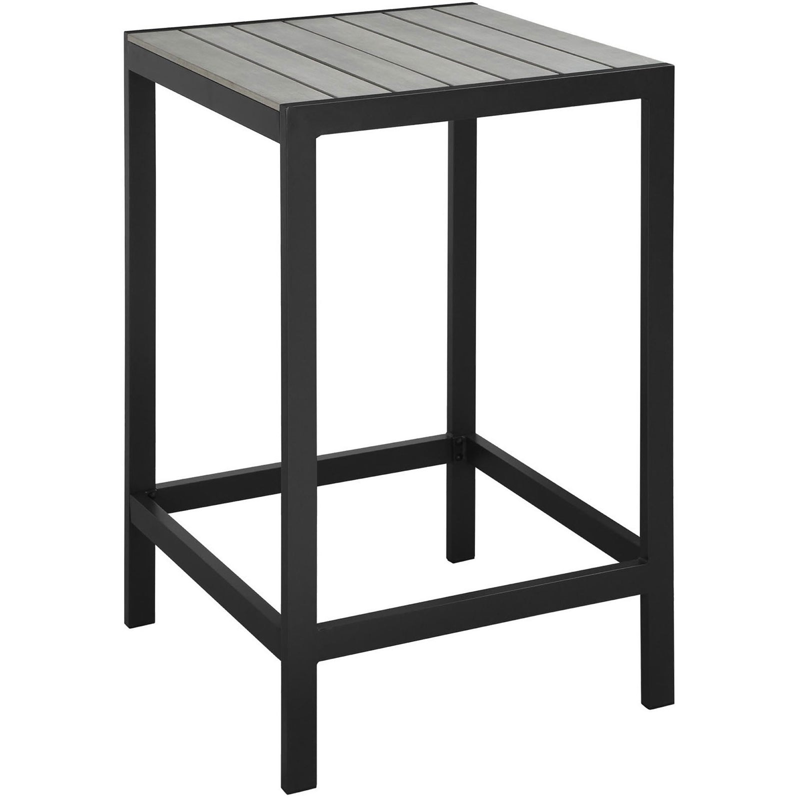 Outdoor bar table with sleek black frame and light gray slatted top, perfect for compact patio entertaining || EEI-1511-BRN-GRY || front_angle_studio