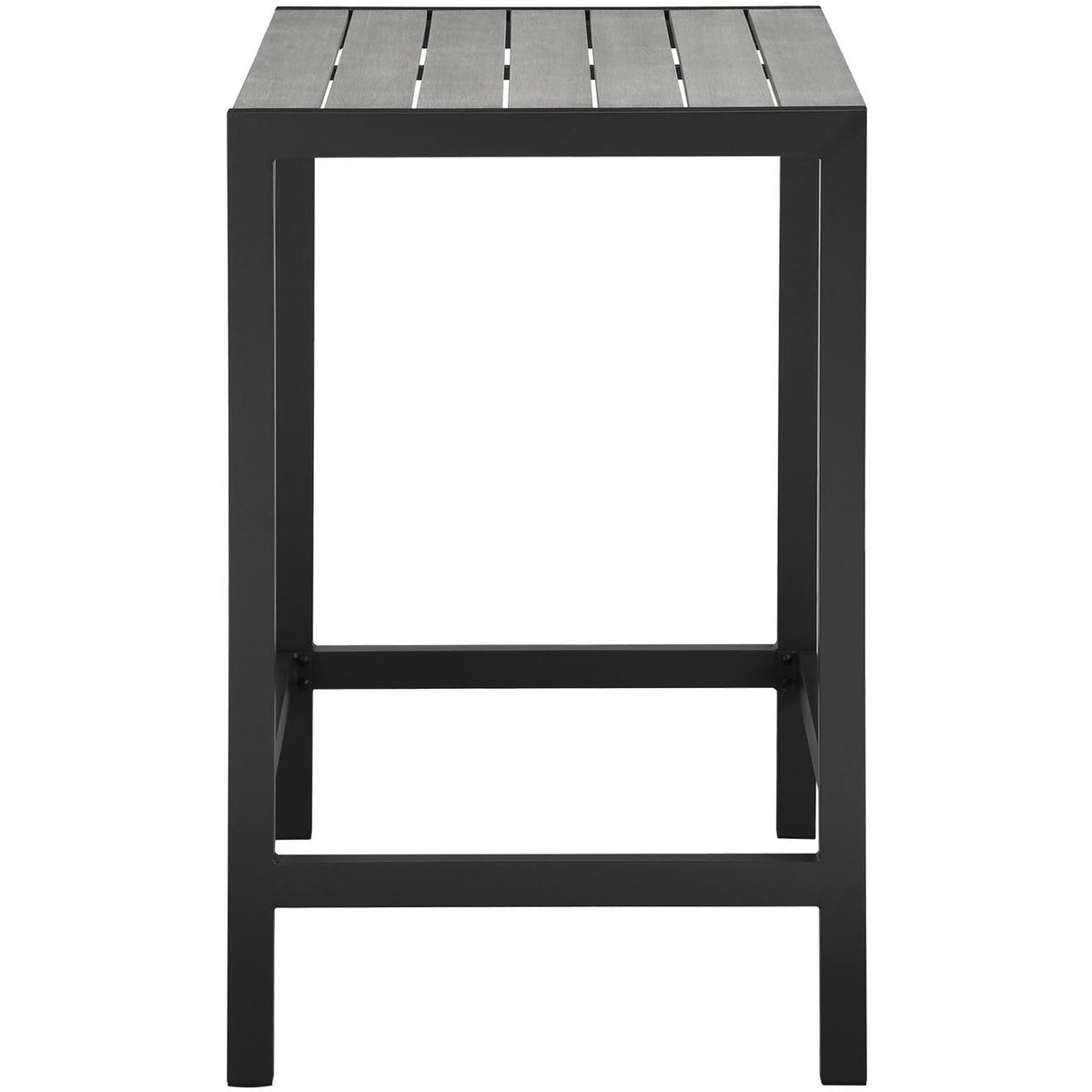 Square outdoor bar table with slim black frame and gray slatted top for modern balconies and patios || EEI-1511-BRN-GRY || front_studio